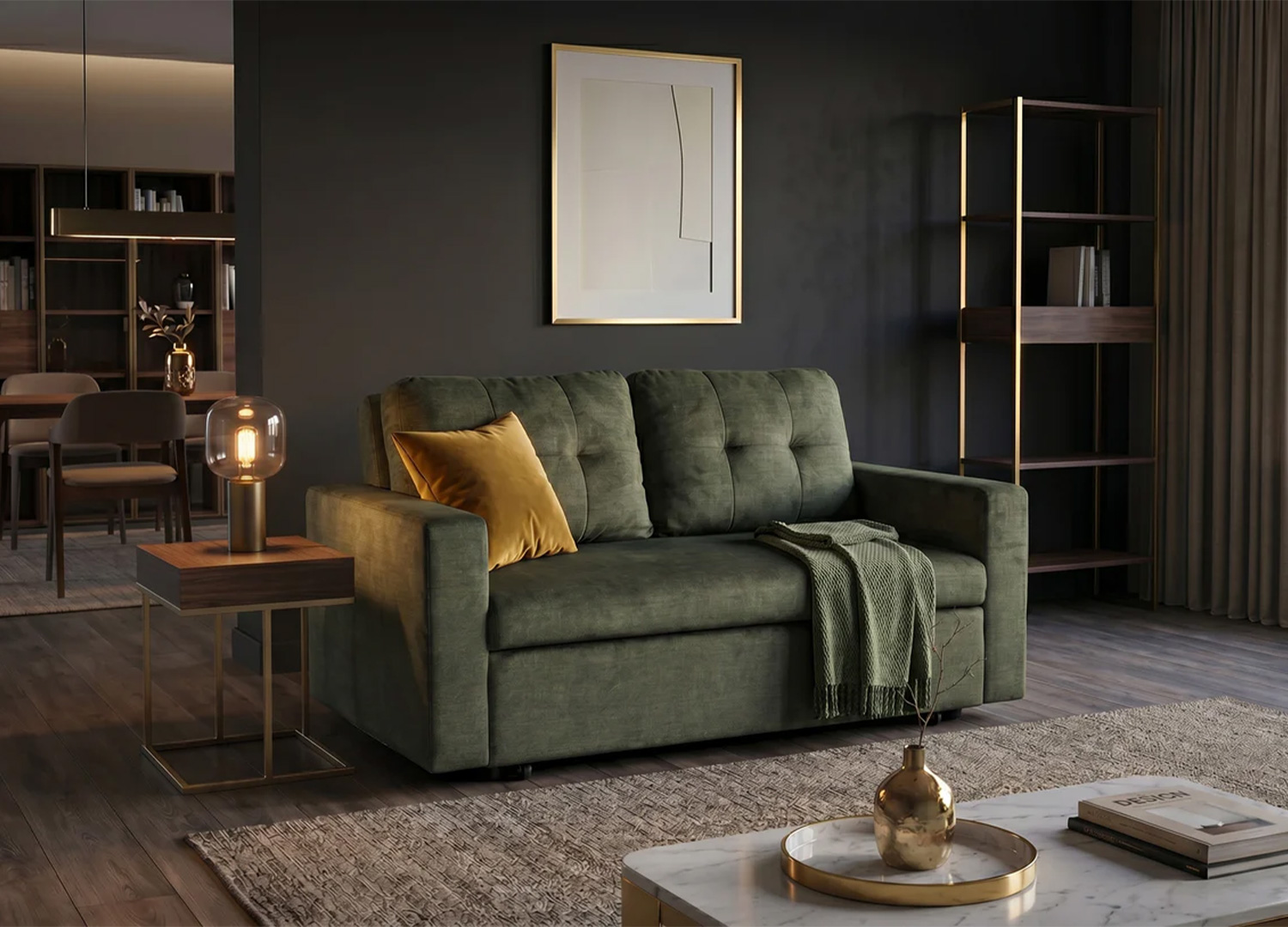Canapé convertible NOÉMIE en velours vert avec coussin ocre et plaid dans un salon chic