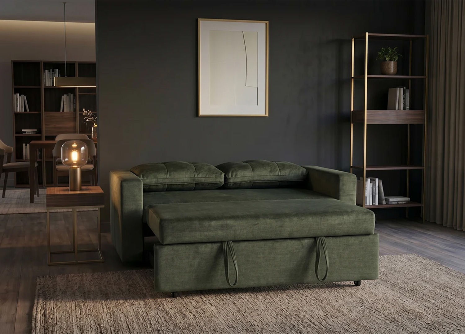 Canapé lit NOÉMIE en velours vert entièrement déplié en couchage de 112 x 180 cm