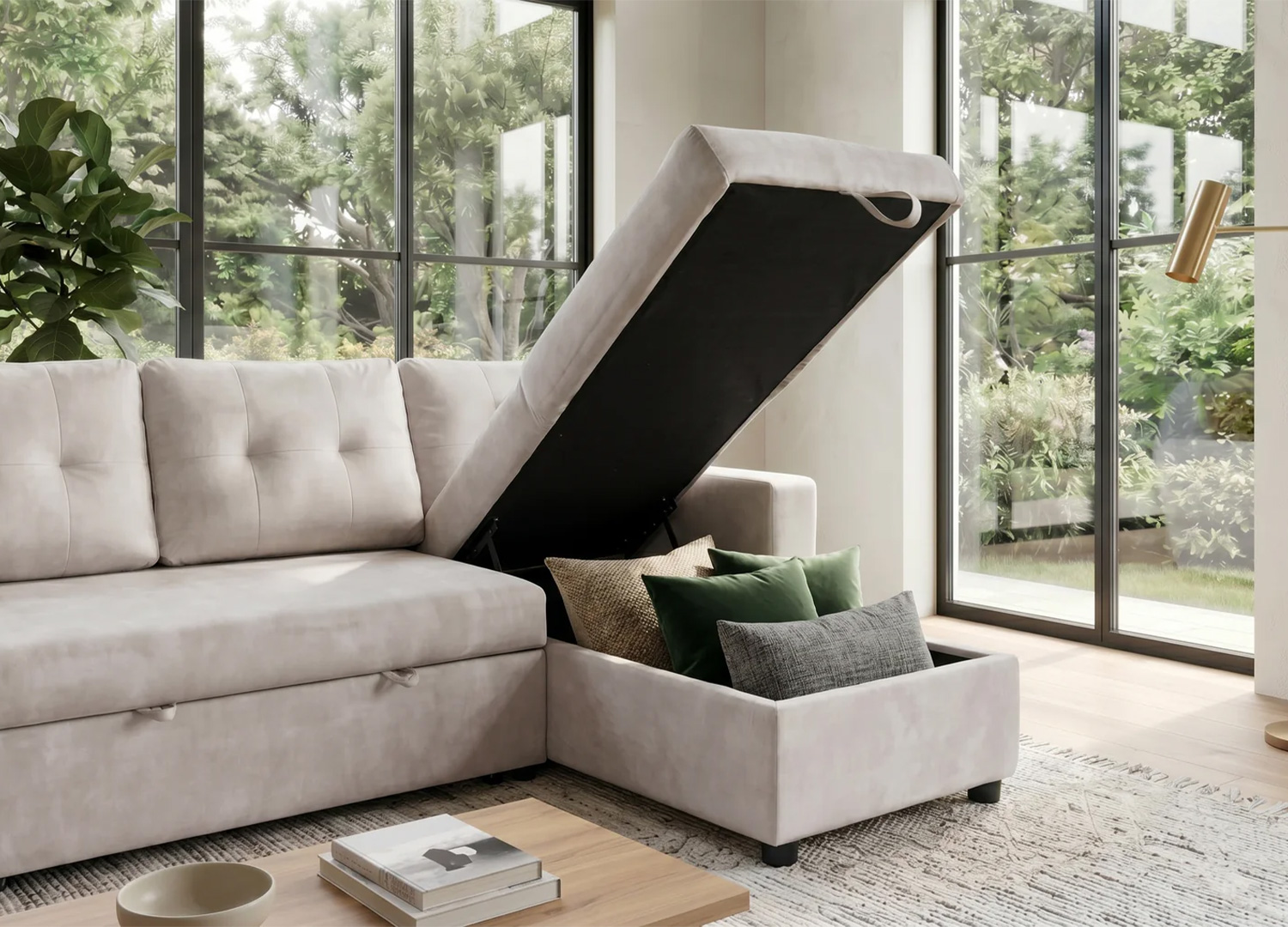 Coffre de rangement intégré sous la méridienne du canapé MALO beige