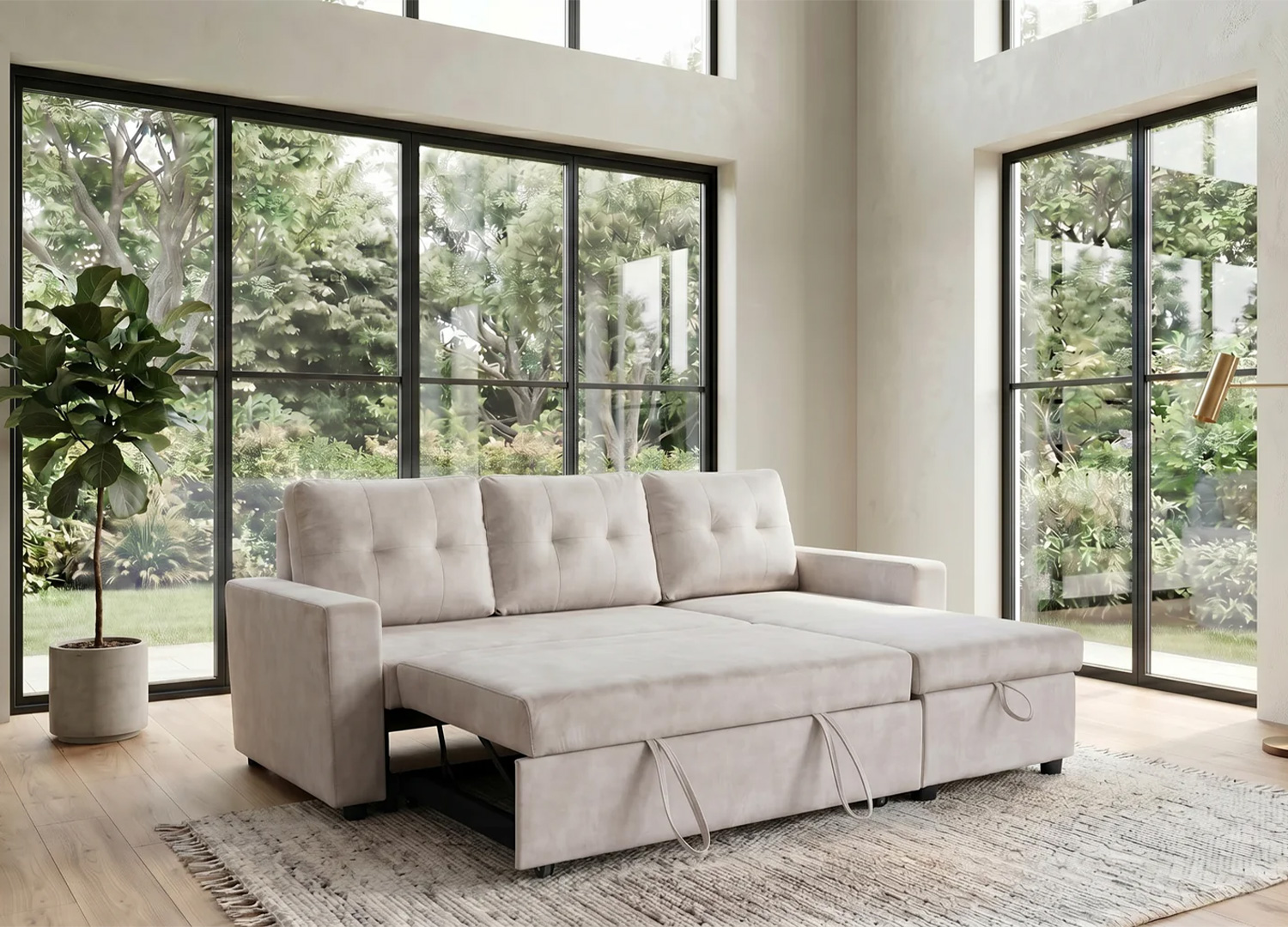 Canapé d’angle convertible MALO beige ouvert en couchage d’appoint