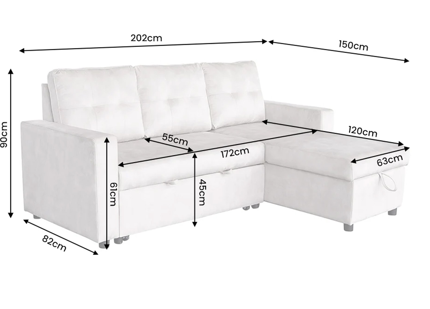 Dimensions du canapé d’angle convertible MALO beige 202 cm avec méridienne 150 cm