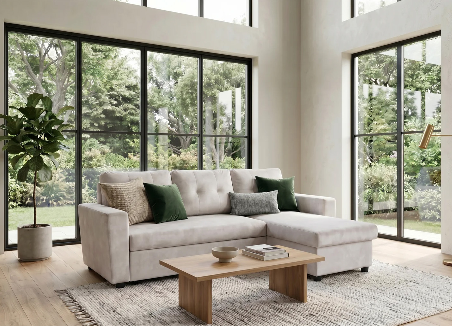 Canapé d’angle convertible MALO beige dans un salon moderne et lumineux