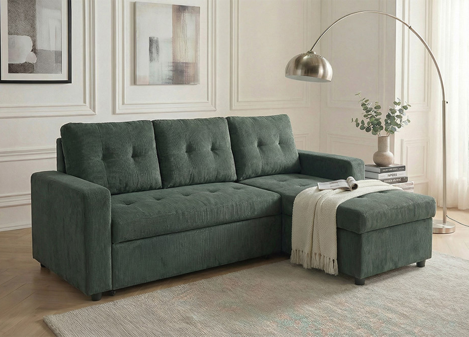 Canapé d’angle convertible MALO vert dans un salon moderne et lumineux