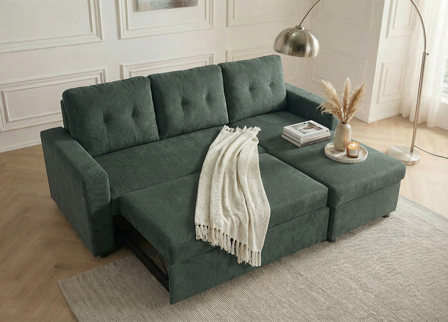 Canapé d’angle convertible MALO vert ouvert en couchage d’appoint