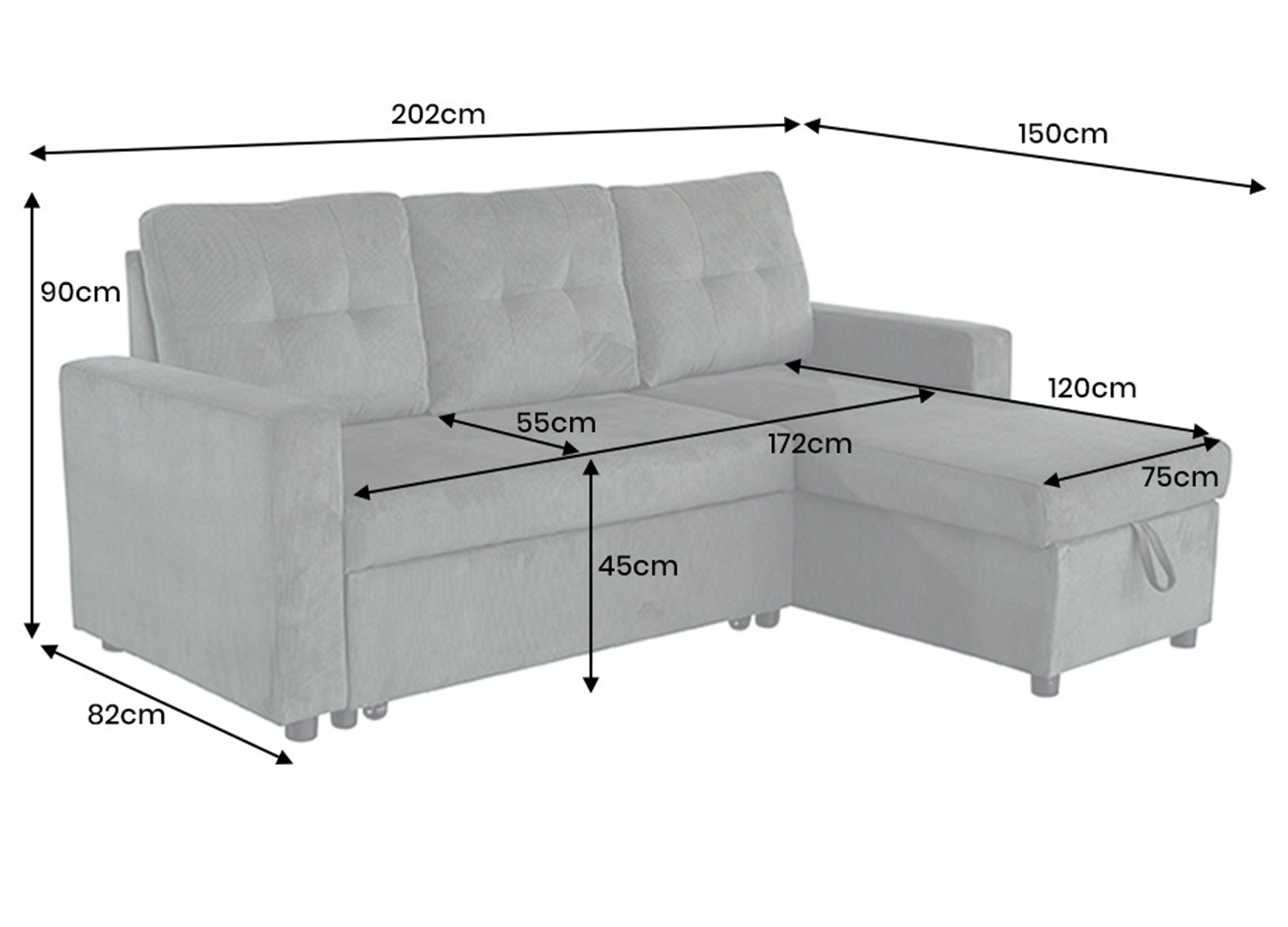 Dimensions du canapé d’angle convertible MALO vert 202 cm avec méridienne 150 cm