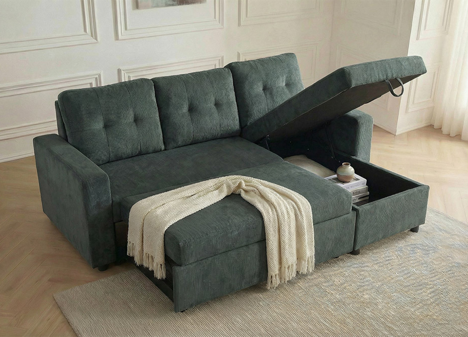 Canapé-lit MALO vert avec méridienne relevée et fonction couchage ouverte