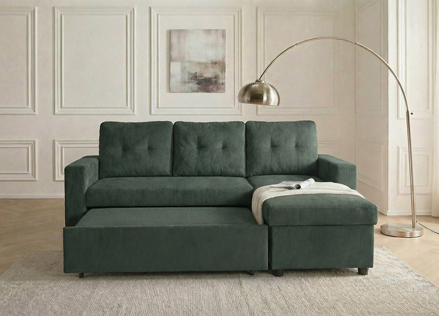 Système d’ouverture du canapé-lit MALO vert en velours côtelé