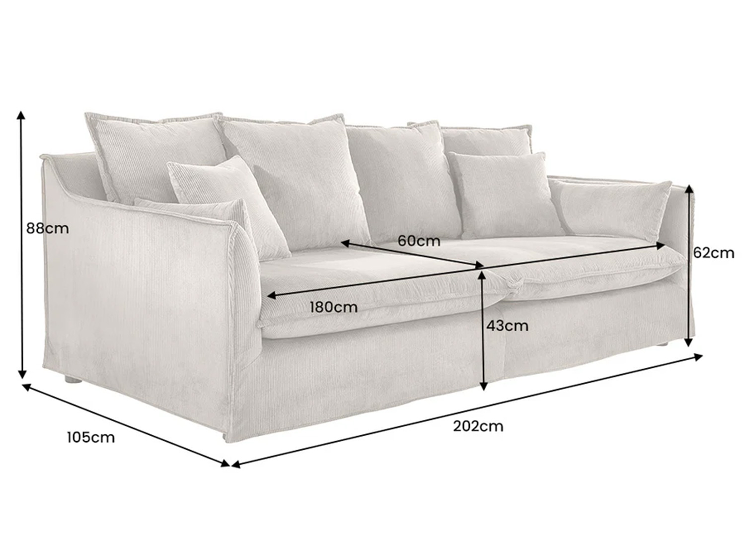 Dimensions du canapé MILO 3 places greige en velours côtelé 202 x 105 x 88 cm
