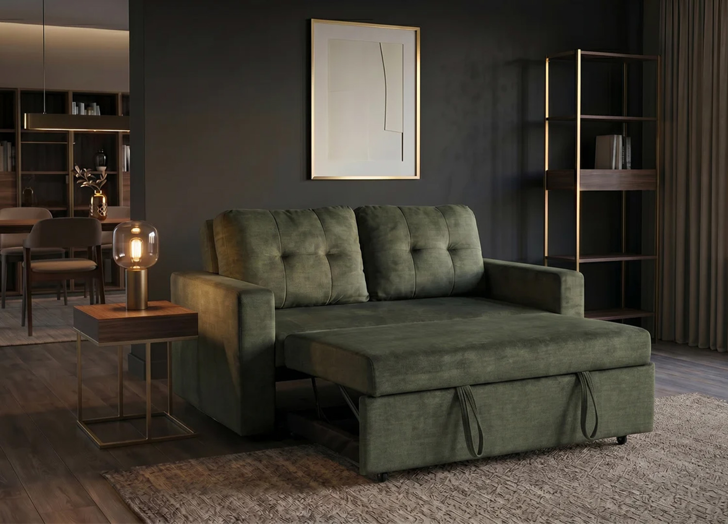 Canapé NOÉMIE en velours vert avec extension de couchage déployée et table d’appoint en laiton