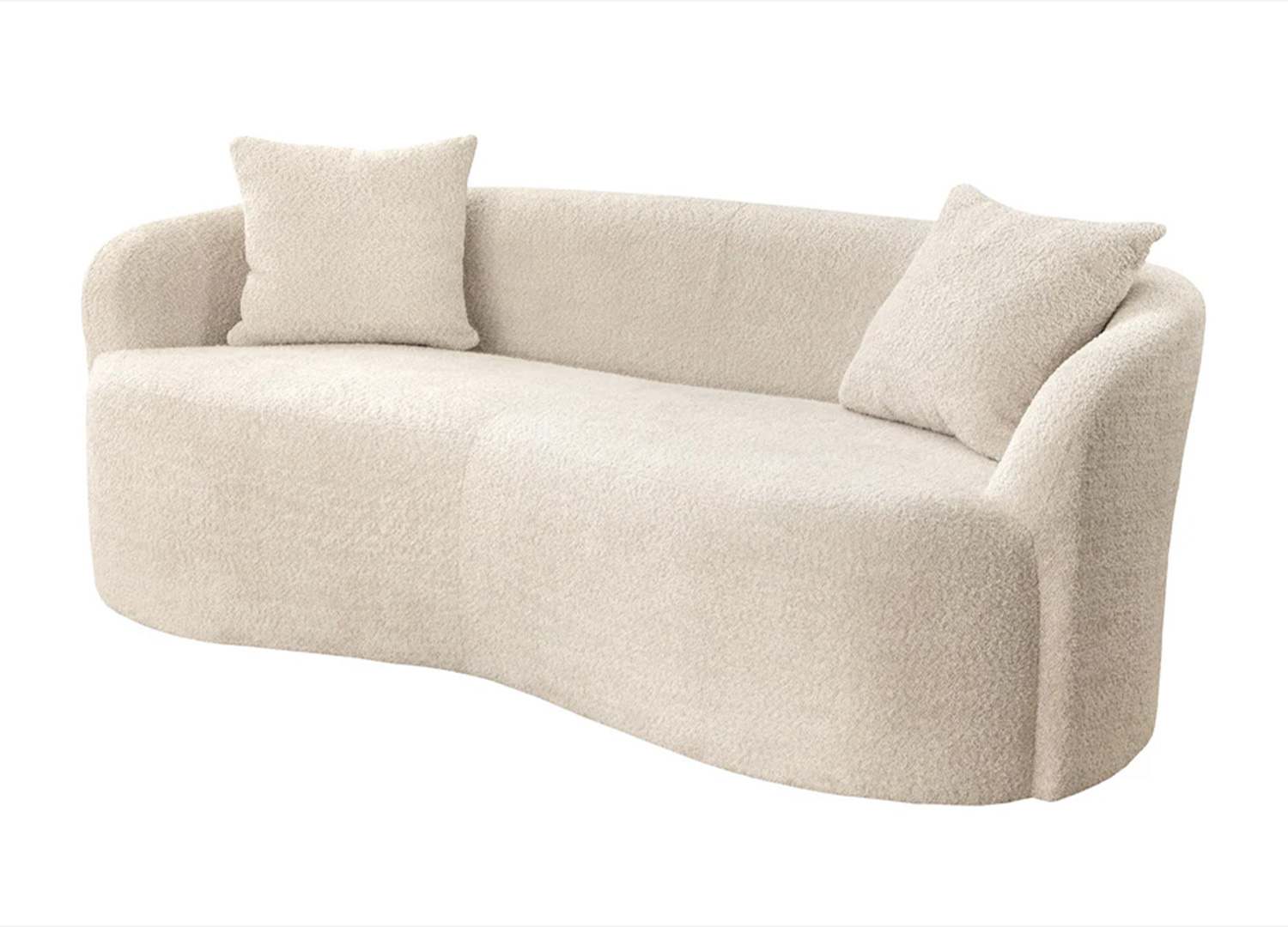 Canapé SOLANE 180 cm en bouclé beige champagne avec deux coussins assortis sur fond blanc