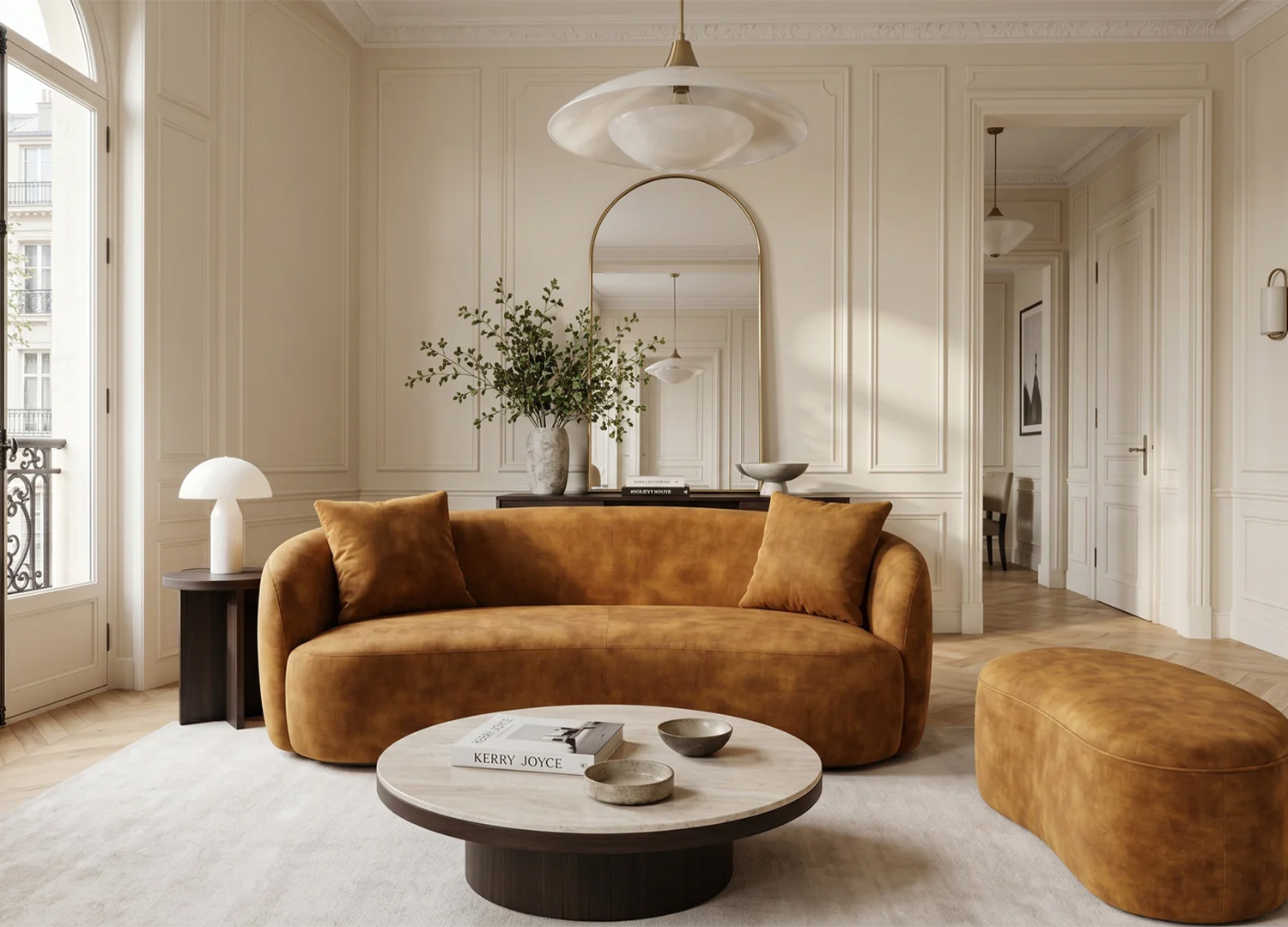 Canapé SOLANE en velours moutarde avec banquette coffre assortie dans un salon contemporain