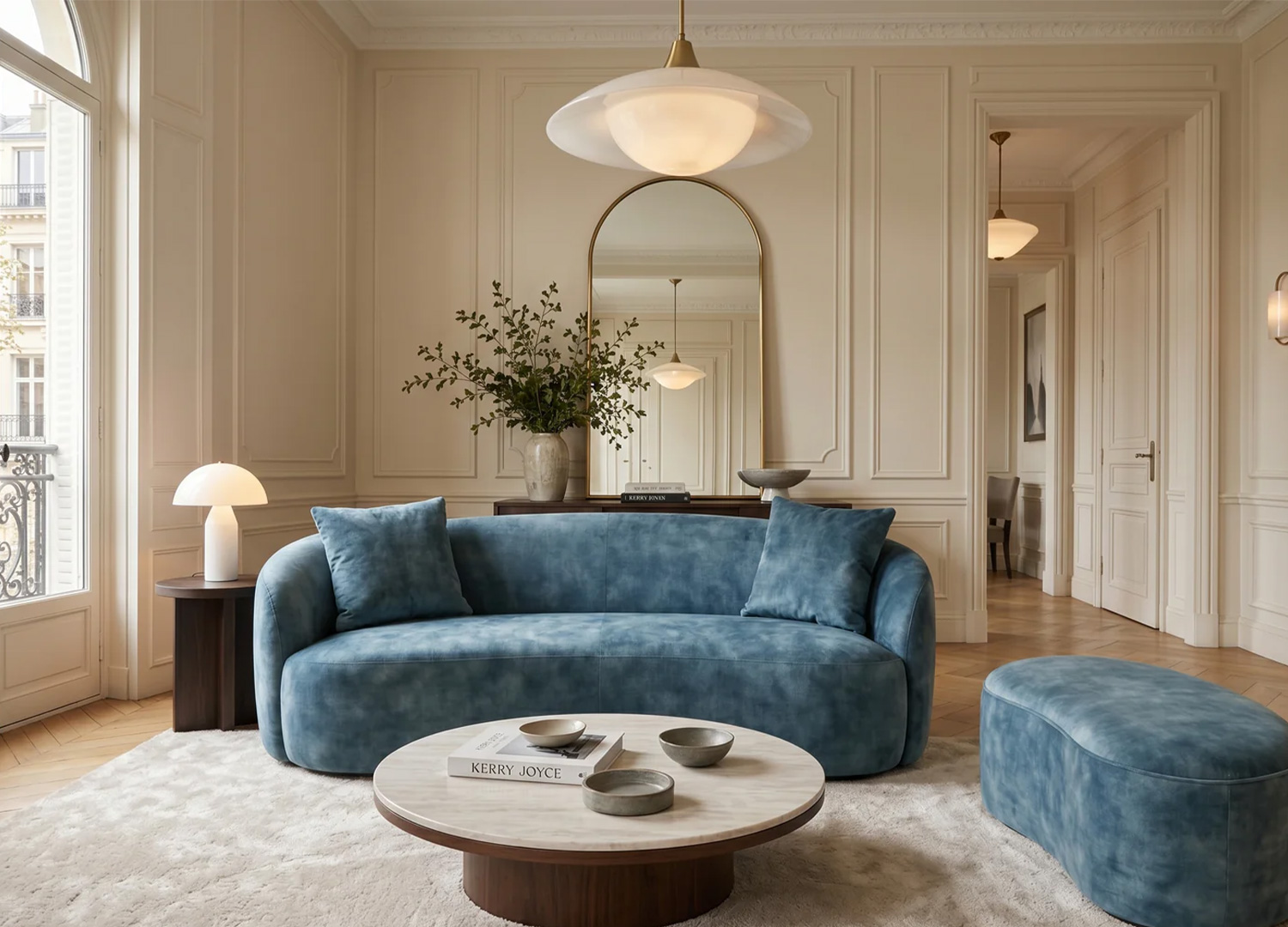 Ensemble salon SOLANE avec canapé 2 places et banquette coffre assortie en velours bleu pétrole