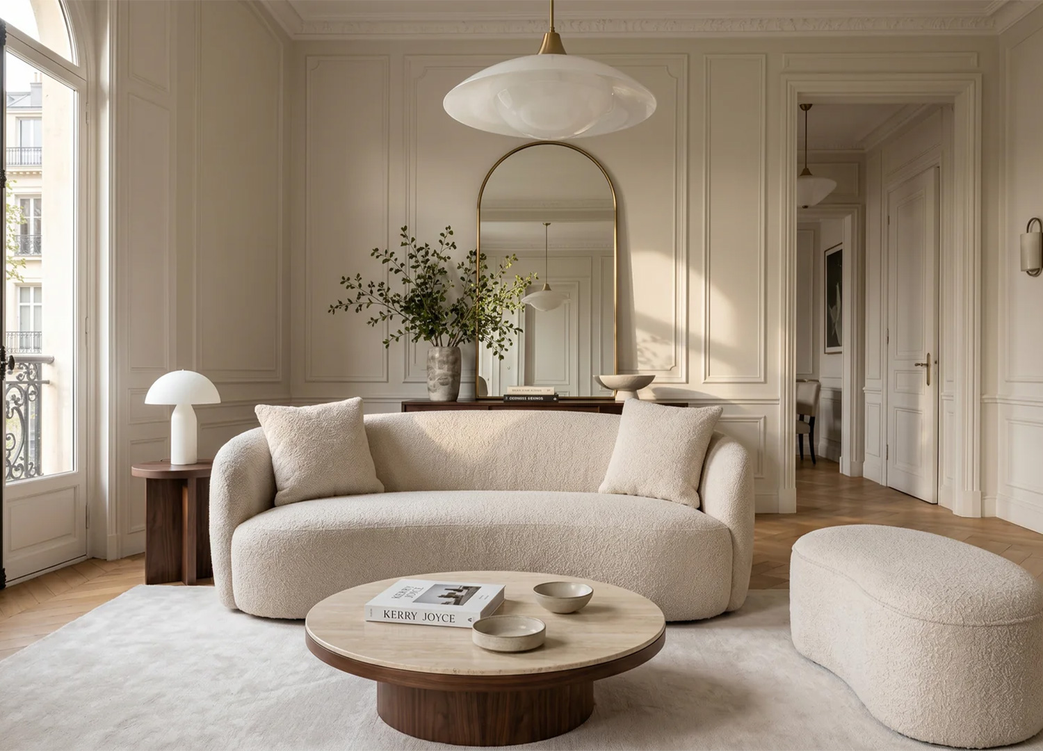 Ensemble salon SOLANE avec canapé bouclé beige et banquette coffre assortie