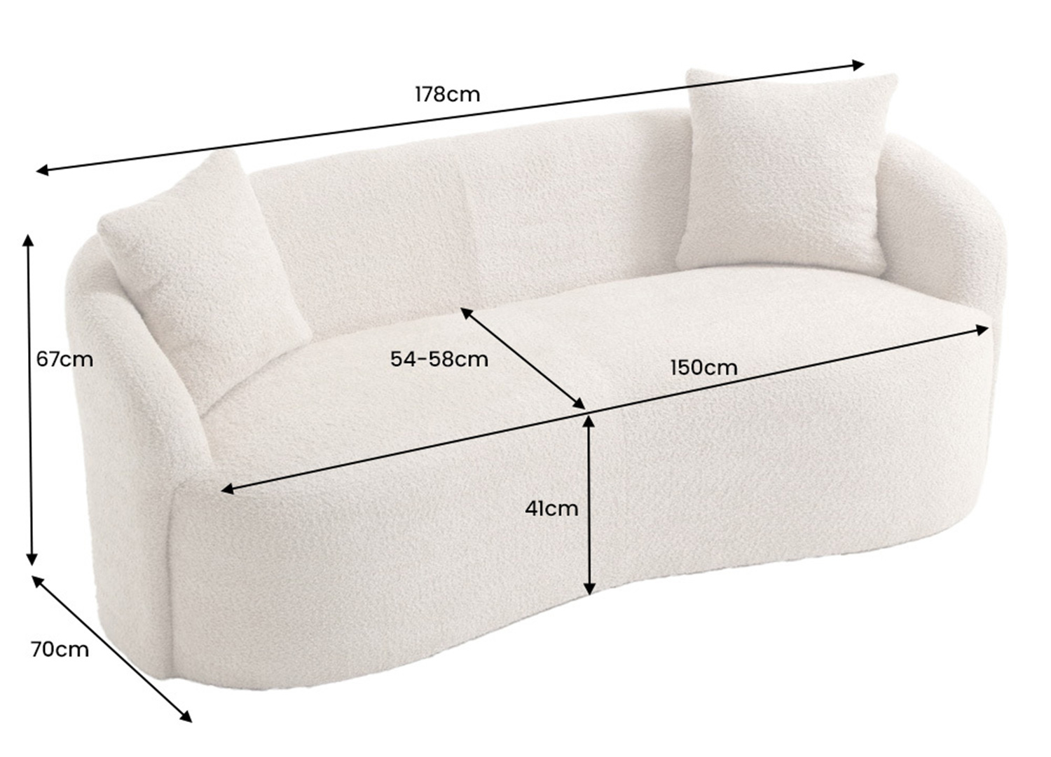 Dimensions du canapé SOLANE 180 cm en bouclé beige 178 x 67 x 70 cm
