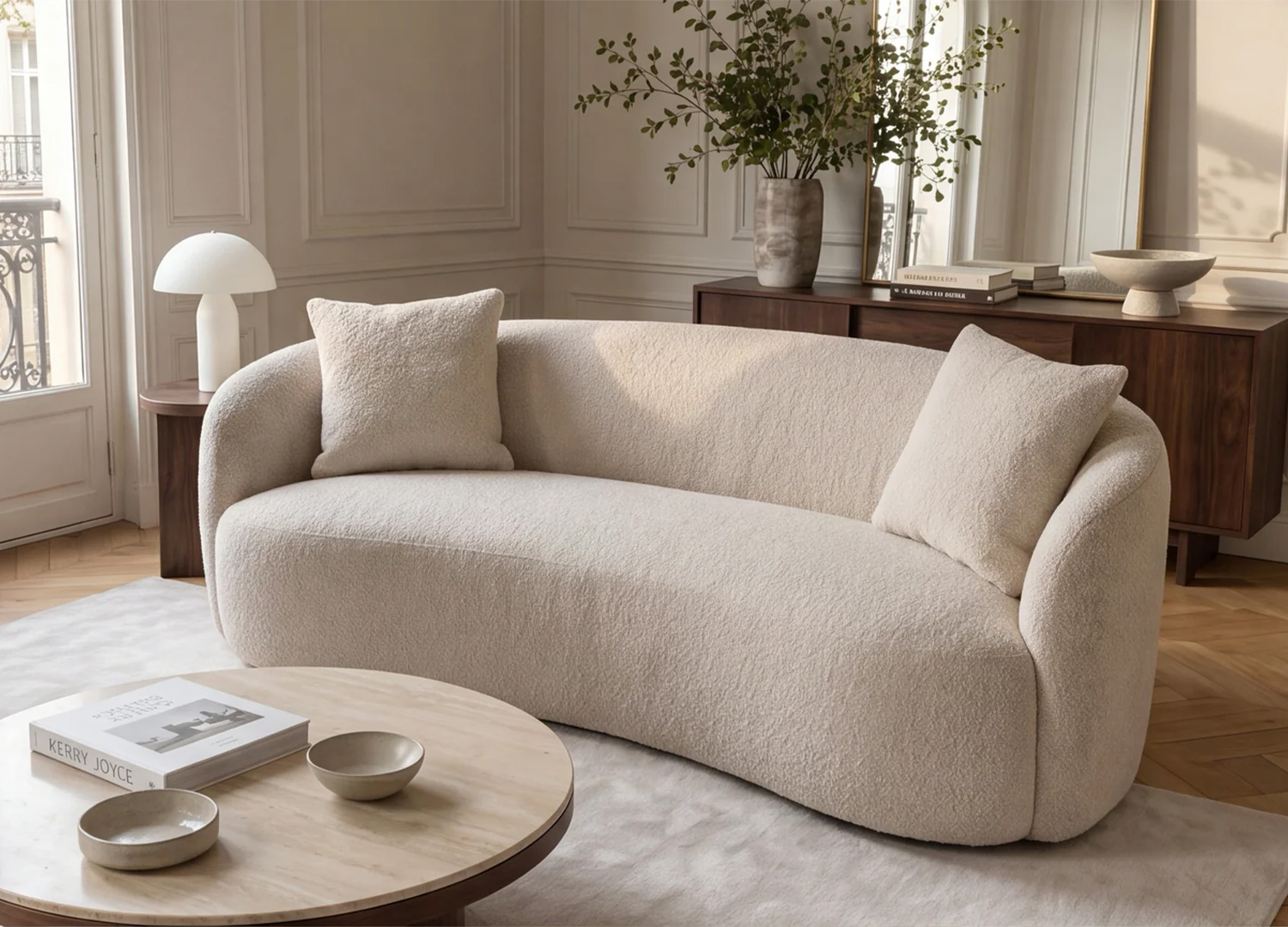 Canapé SOLANE en bouclé beige dans un salon japandi lumineux avec mobilier en bois