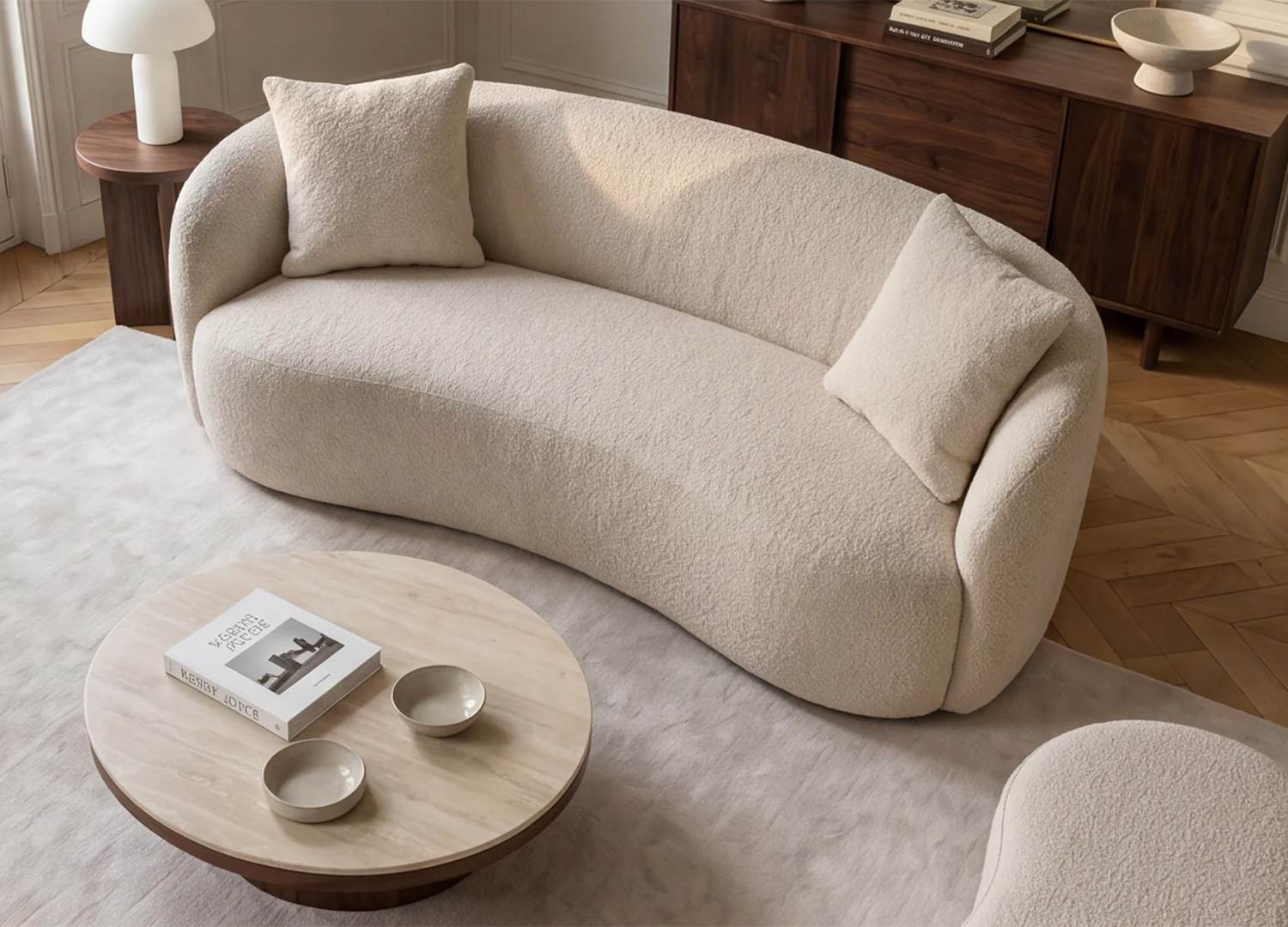 Vue de haut du canapé SOLANE 180 cm en bouclé beige avec forme courbe