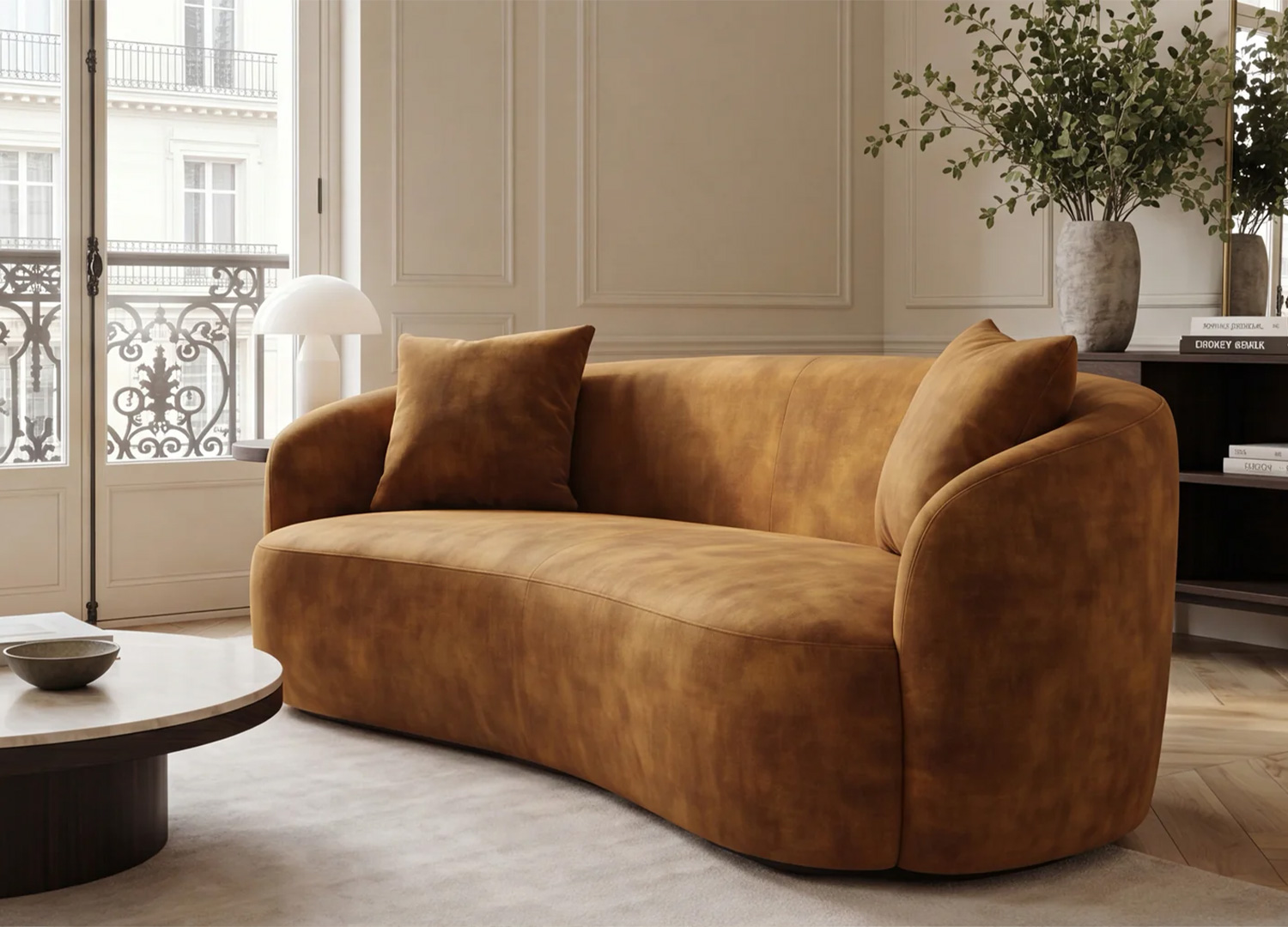Canapé SOLANE en velours moutarde avec forme organique arrondie type haricot