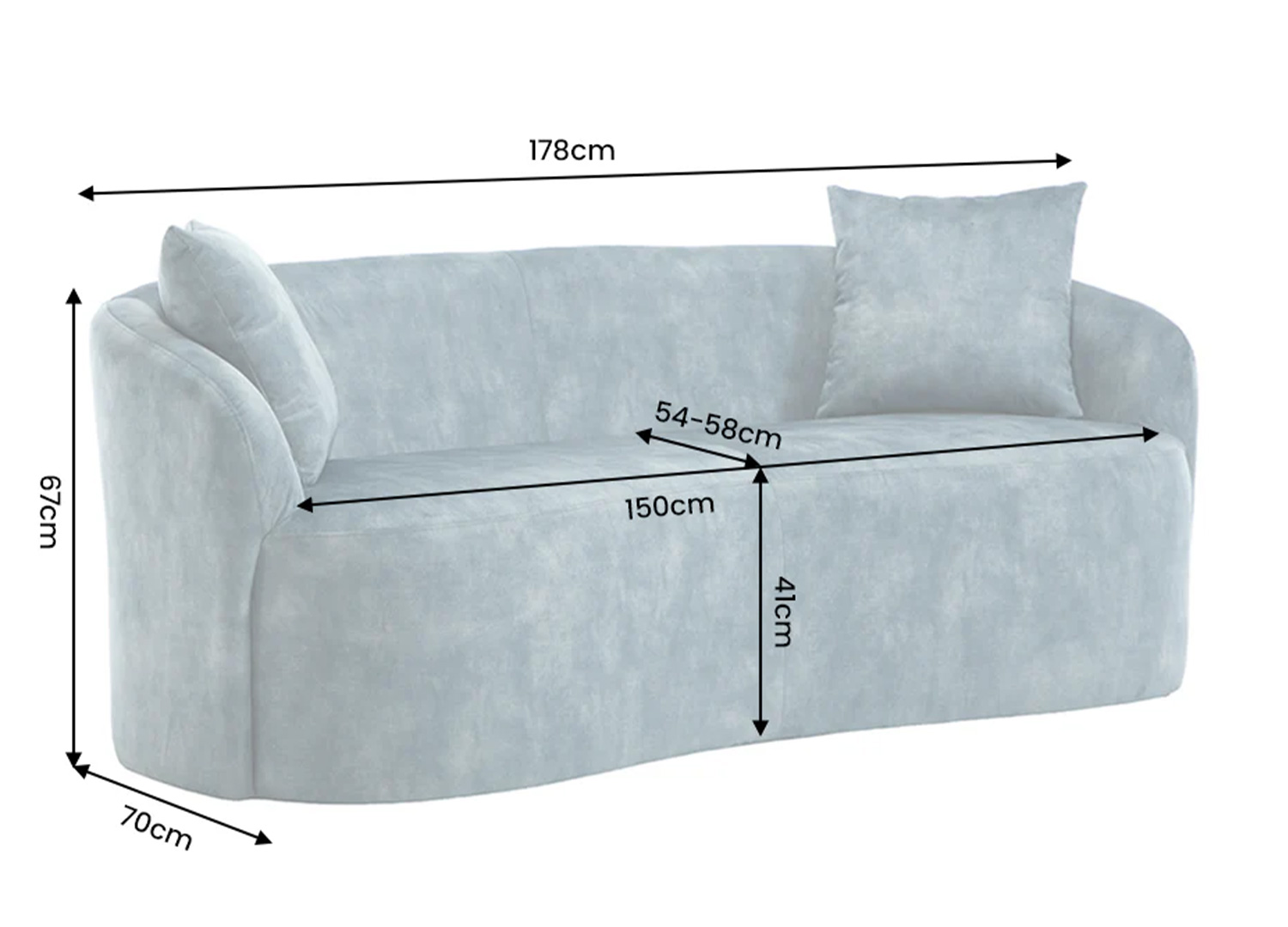 Dimensions du canapé SOLANE bleu pétrole 178 x 67 x 70 cm avec assise 150 cm