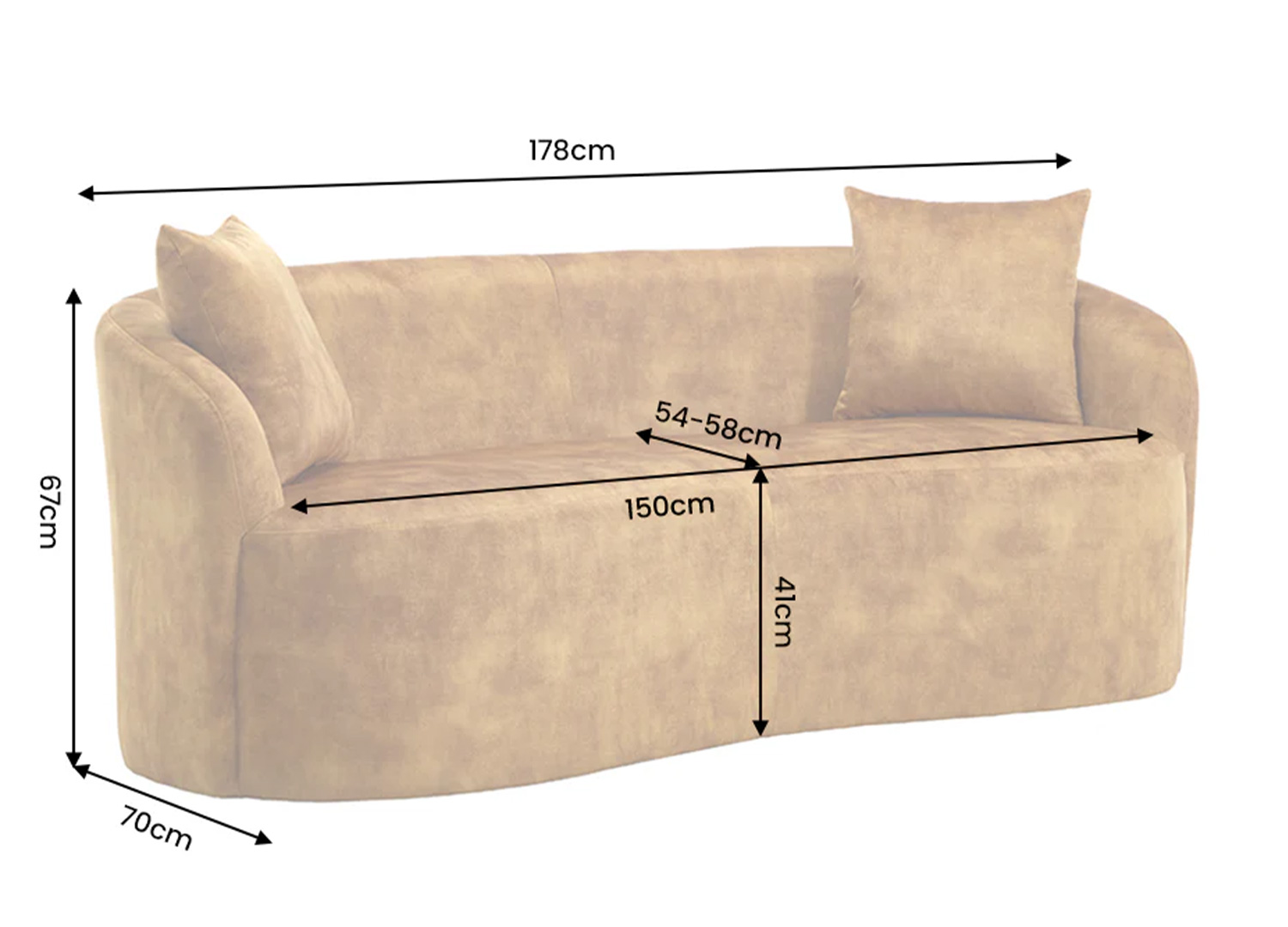 Dimensions du canapé SOLANE 180 cm en velours moutarde 178 x 67 x 70 cm