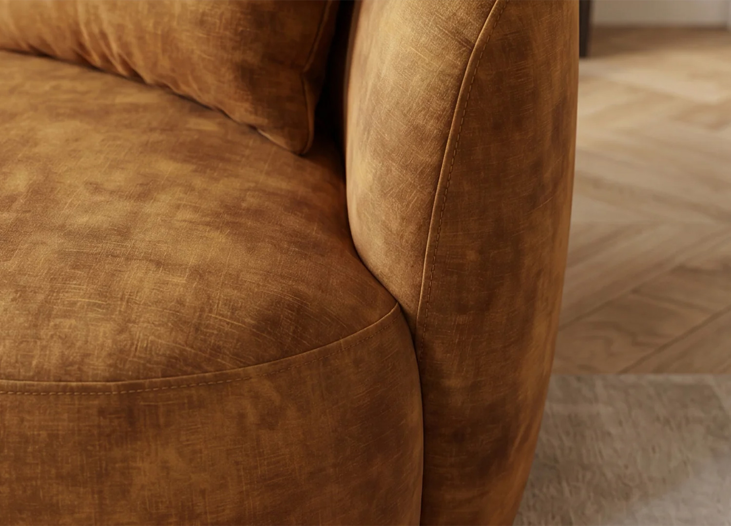 Zoom sur la texture du velours moutarde du canapé SOLANE