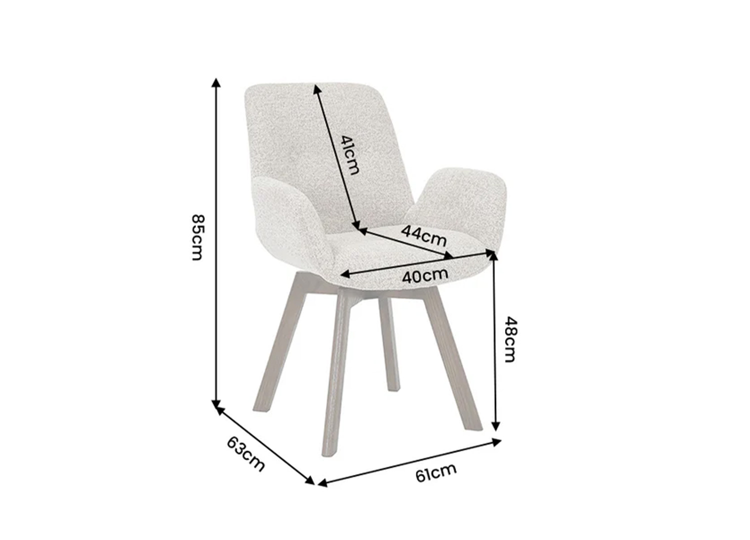 Dimensions de la chaise pivotante LIORA en bouclé taupe 61 x 85 x 63 cm