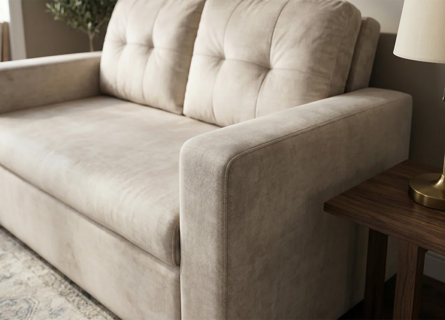 Gros plan sur l’assise et l’accoudoir du canapé NOÉMIE en velours champagne beige