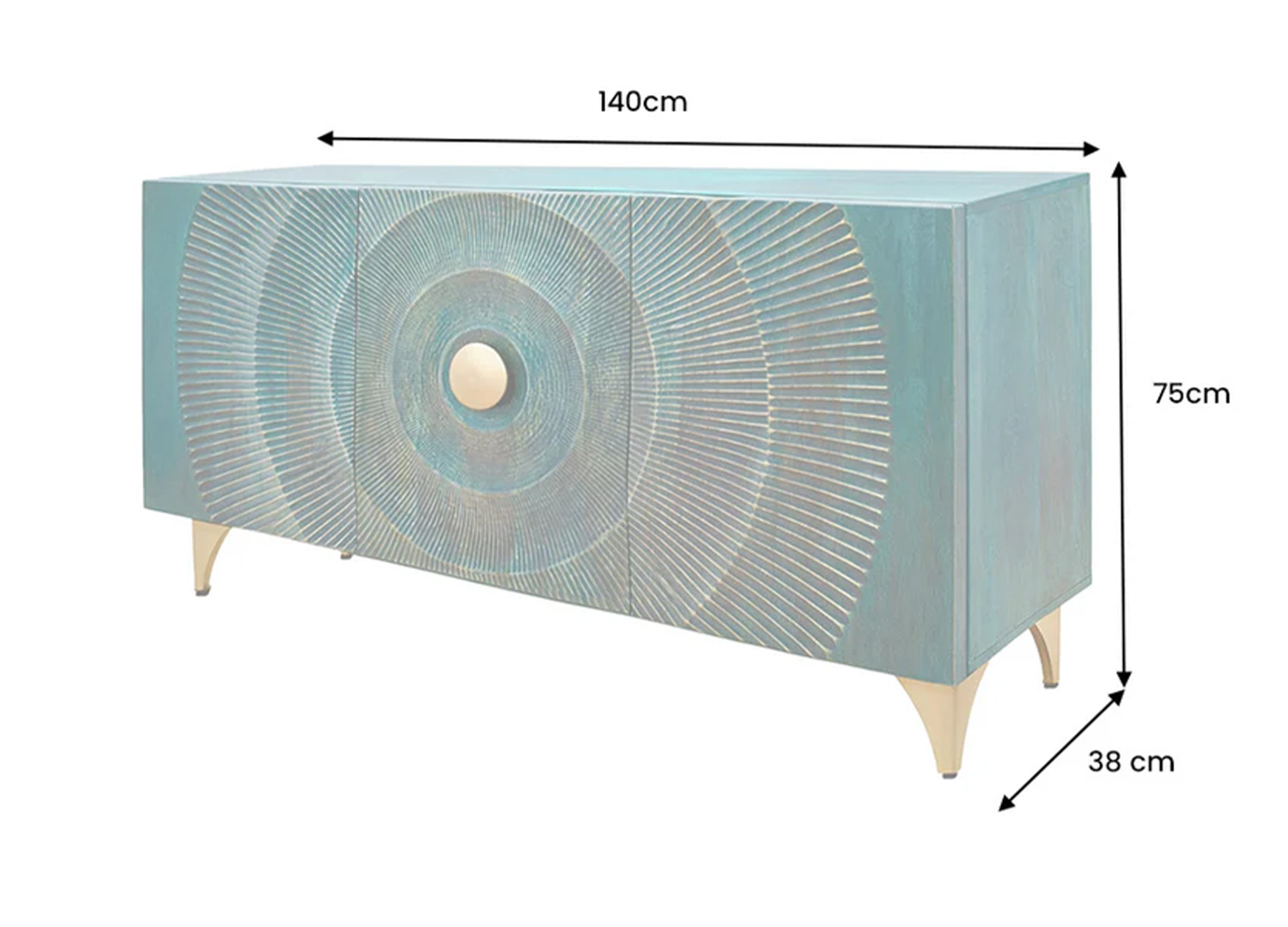 Dimensions du buffet SOLEIL : 140 cm de largeur, 38 cm de profondeur et 75 cm de hauteur