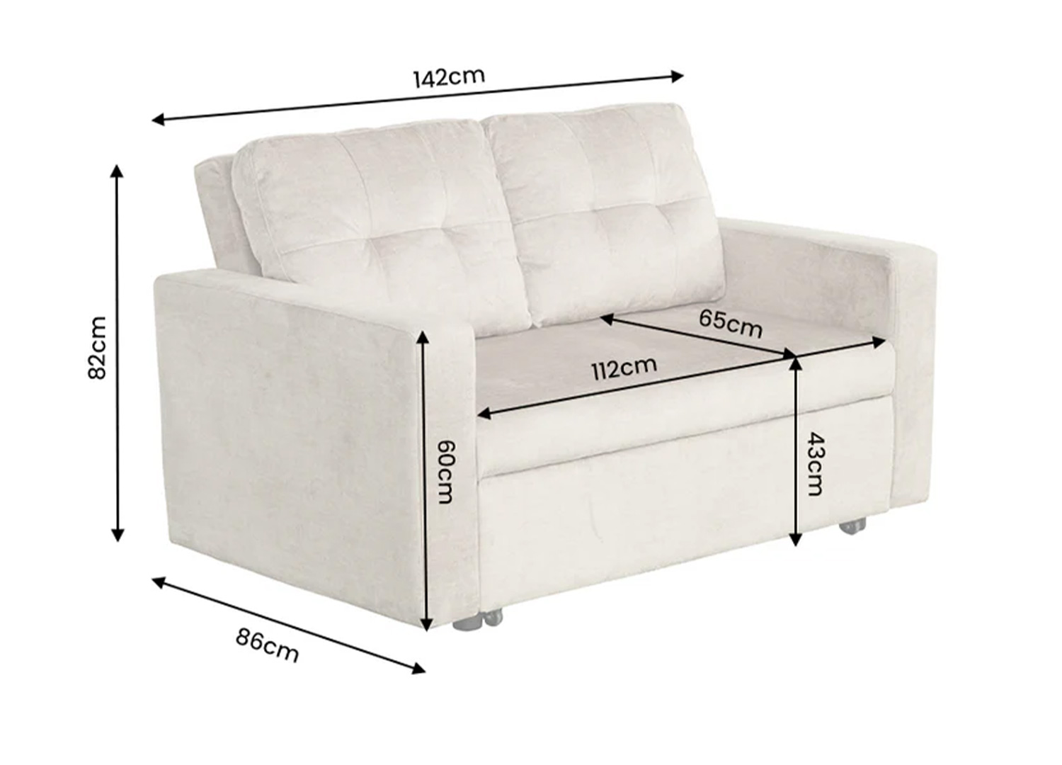 Dimensions du canapé convertible NOÉMIE gris : largeur 142 cm, profondeur 86 cm et hauteur 82 cm