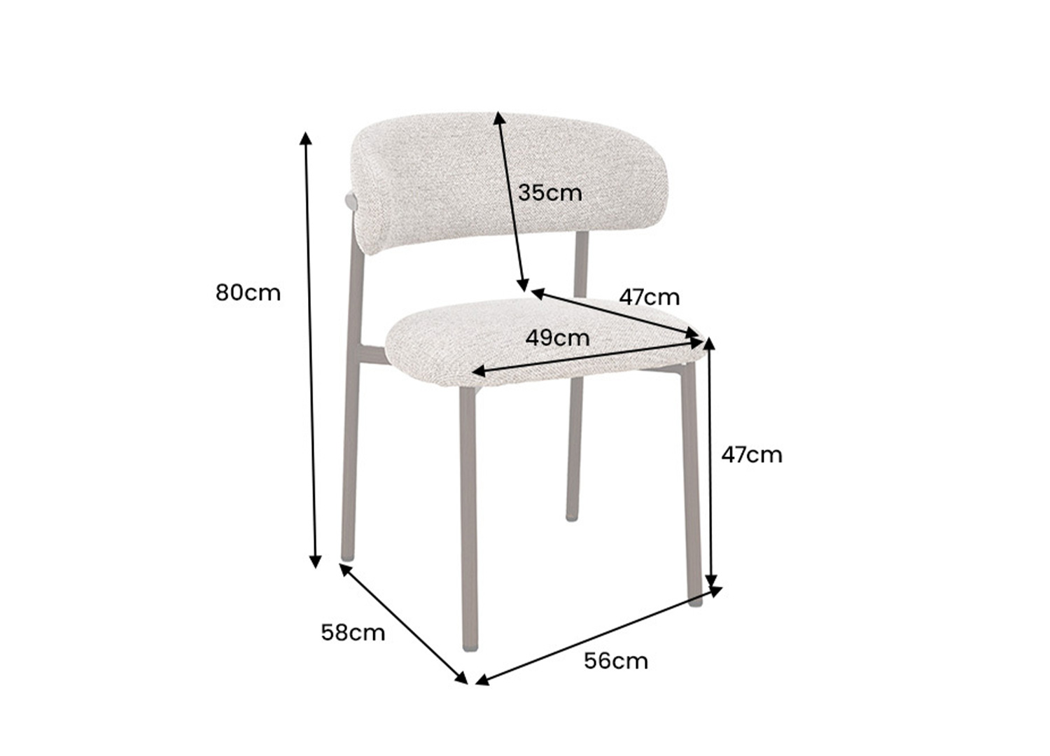 Dimensions de la chaise ALBANE taupe beige : largeur 56 cm, profondeur 58 cm, hauteur 80 cm et assise à 47 cm
