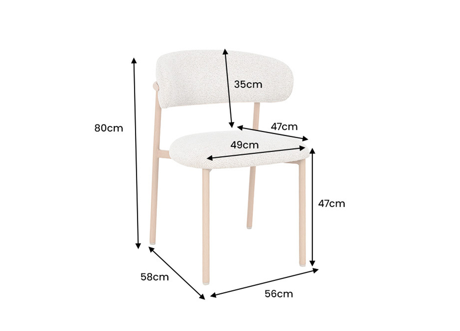 Dimensions de la chaise ALBANE : largeur 56 cm, profondeur 58 cm, hauteur 80 cm et assise à 47 cm