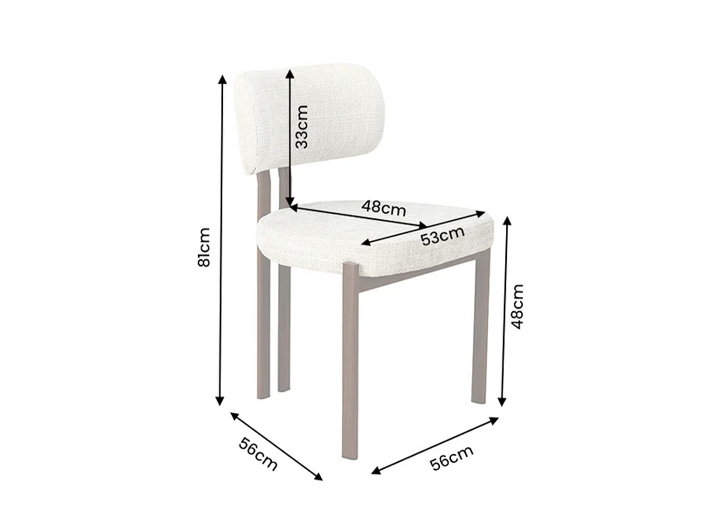Dimensions de la chaise AVELINE : largeur 56 cm, profondeur 56 cm, hauteur 81 cm et assise à 48 cm