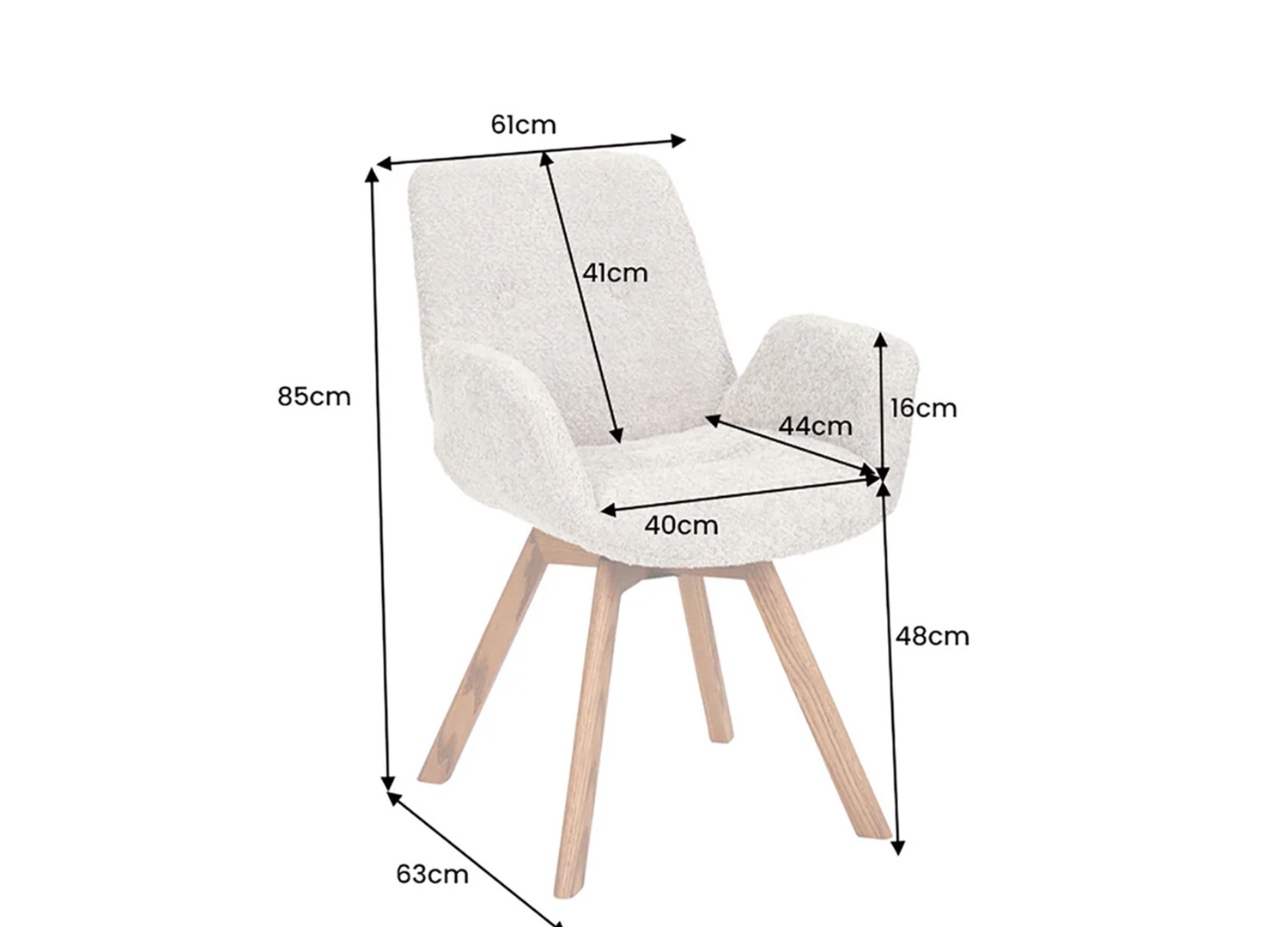Schéma des dimensions d’une chaise pivotante LIORA 61 x 85 x 63 cm