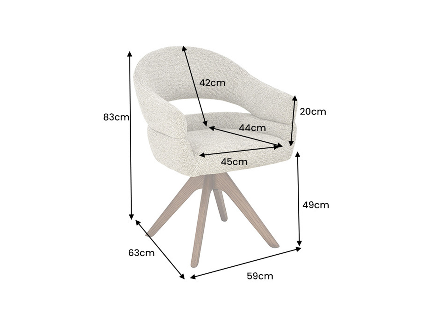 Dimensions de la chaise pivotante NÉLIA taupe beige : largeur 59 cm, profondeur 63 cm, hauteur 83 cm et assise à 49 cm