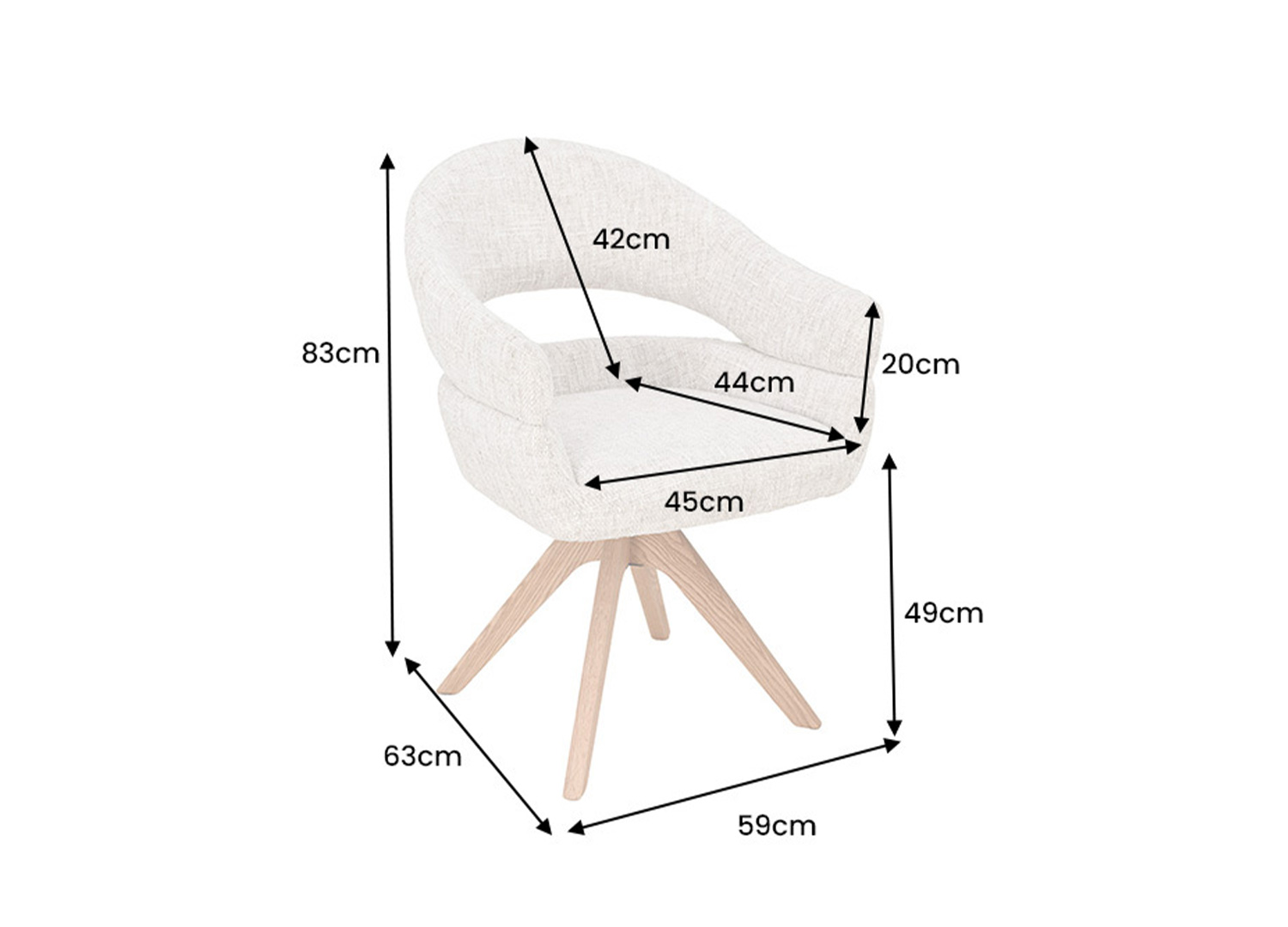 Dimensions de la chaise pivotante NÉLIA : largeur 59 cm, profondeur 63 cm, hauteur 83 cm et assise à 49 cm