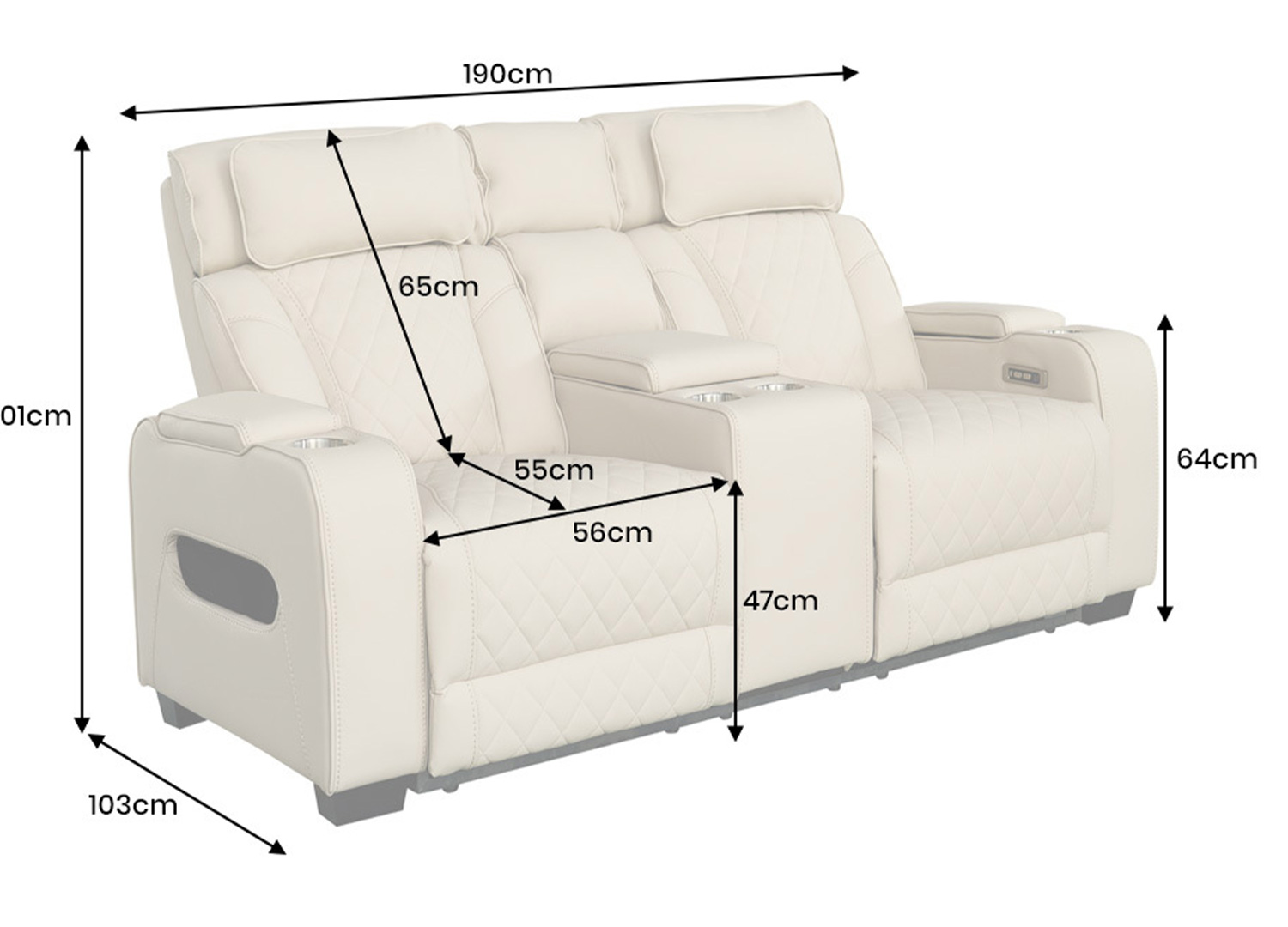Dimensions du fauteuil cinéma électrique 2 places ÉVORIA : largeur 190 cm, profondeur 103 cm, hauteur 101 cm et assise à 47 cm