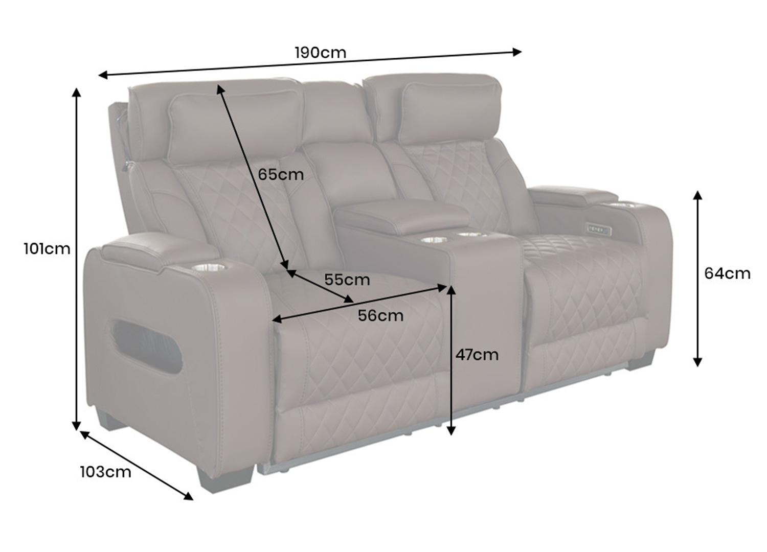Dimensions du fauteuil cinéma électrique 2 places ÉVORIA marron : largeur 190 cm, profondeur 103 cm, hauteur 101 cm et assise à 47 cm