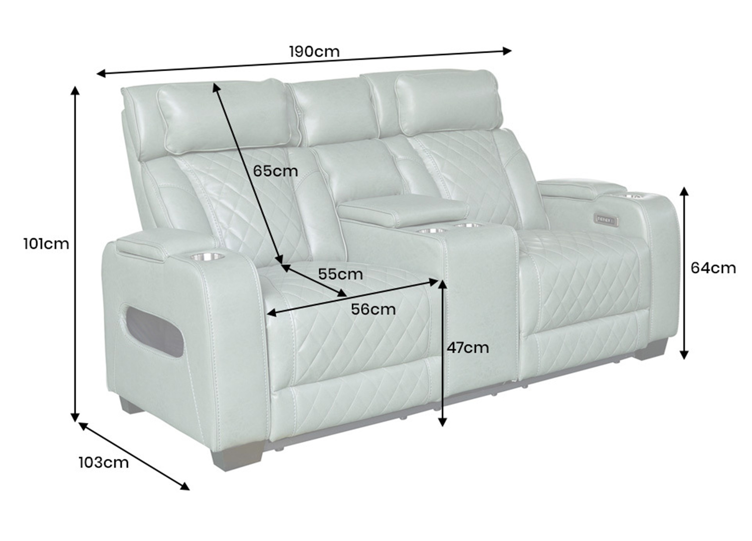 Dimensions du fauteuil cinéma électrique 2 places ÉVORIA vert sauge : largeur 190 cm, profondeur 103 cm, hauteur 101 cm et assise à 47 cm
