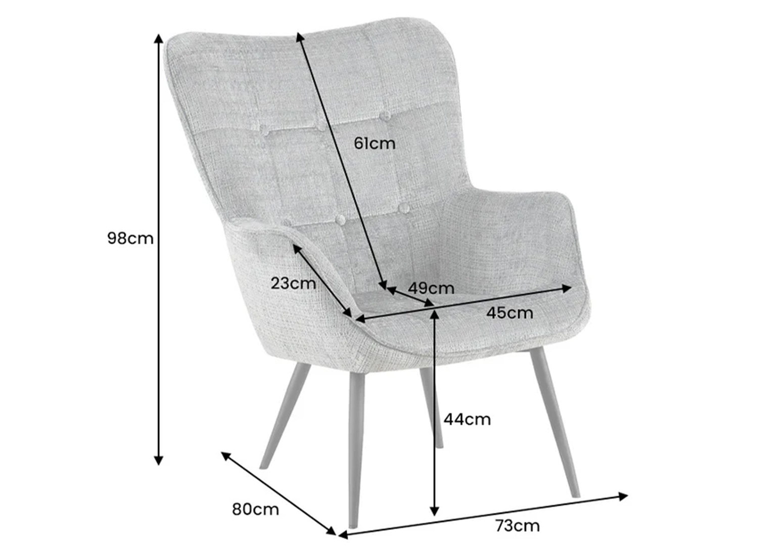 Dimensions du fauteuil SÉLÈNE : largeur 73 cm, profondeur 80 cm, hauteur 98 cm et assise à 44 cm