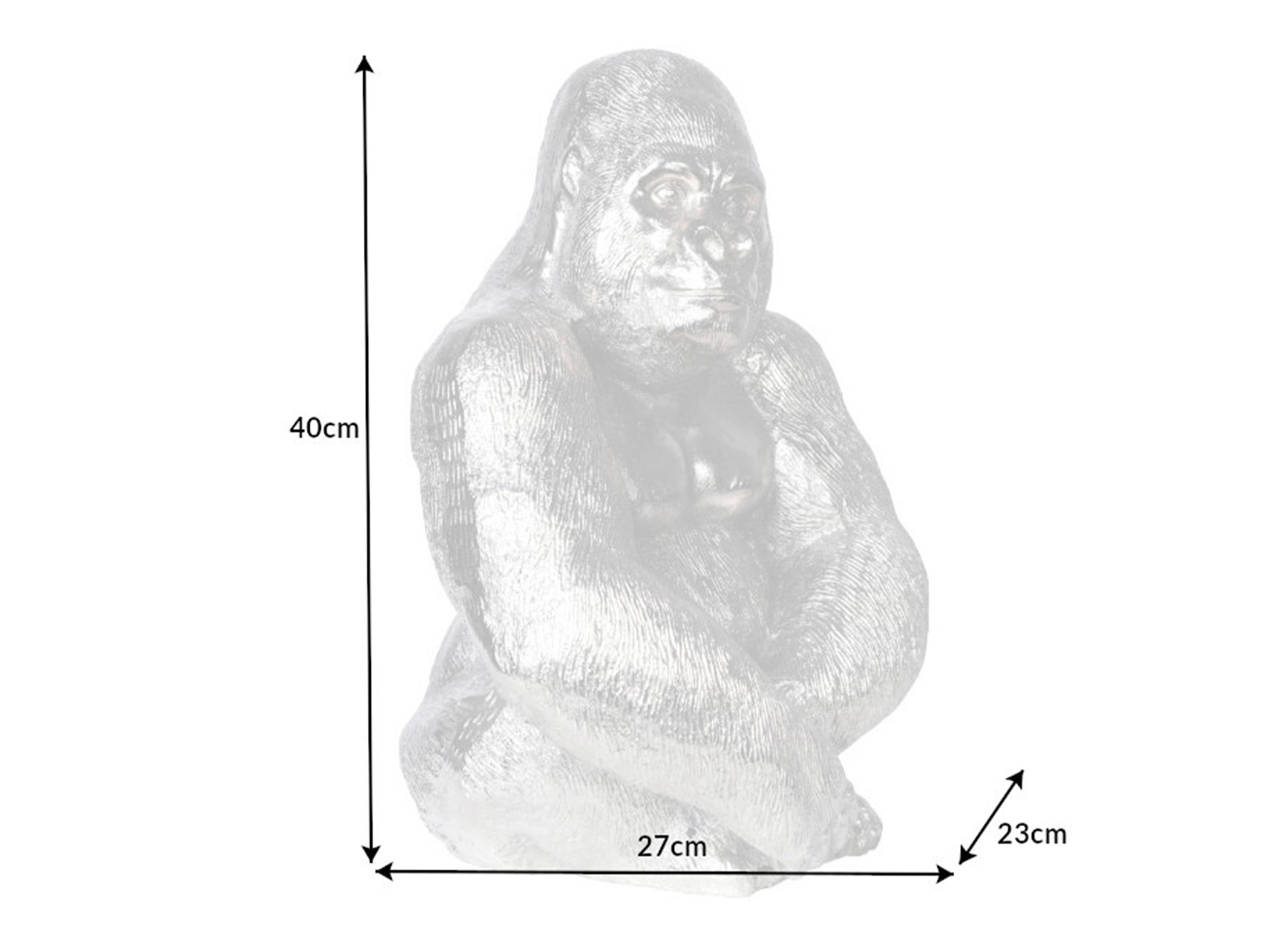 Dimensions de la sculpture gorille KORVAN : hauteur 40 cm, largeur 27 cm et profondeur 23 cm