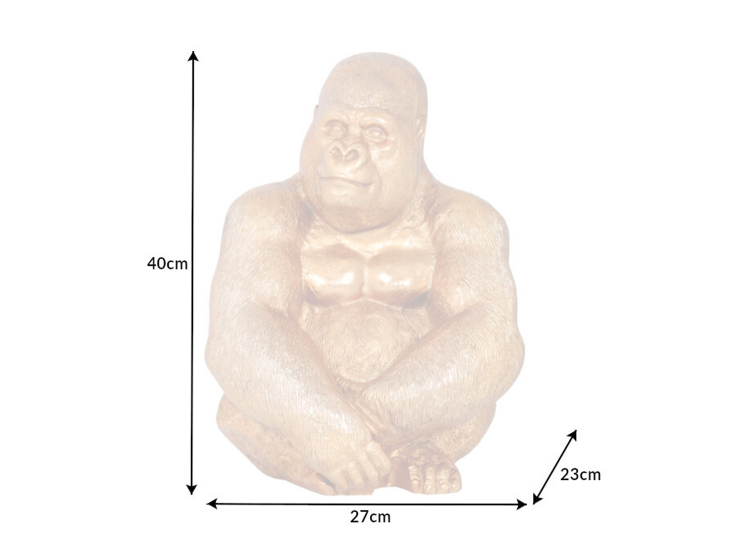 Dimensions de la sculpture gorille KORVAN dorée : hauteur 40 cm, largeur 27 cm et profondeur 23 cm
