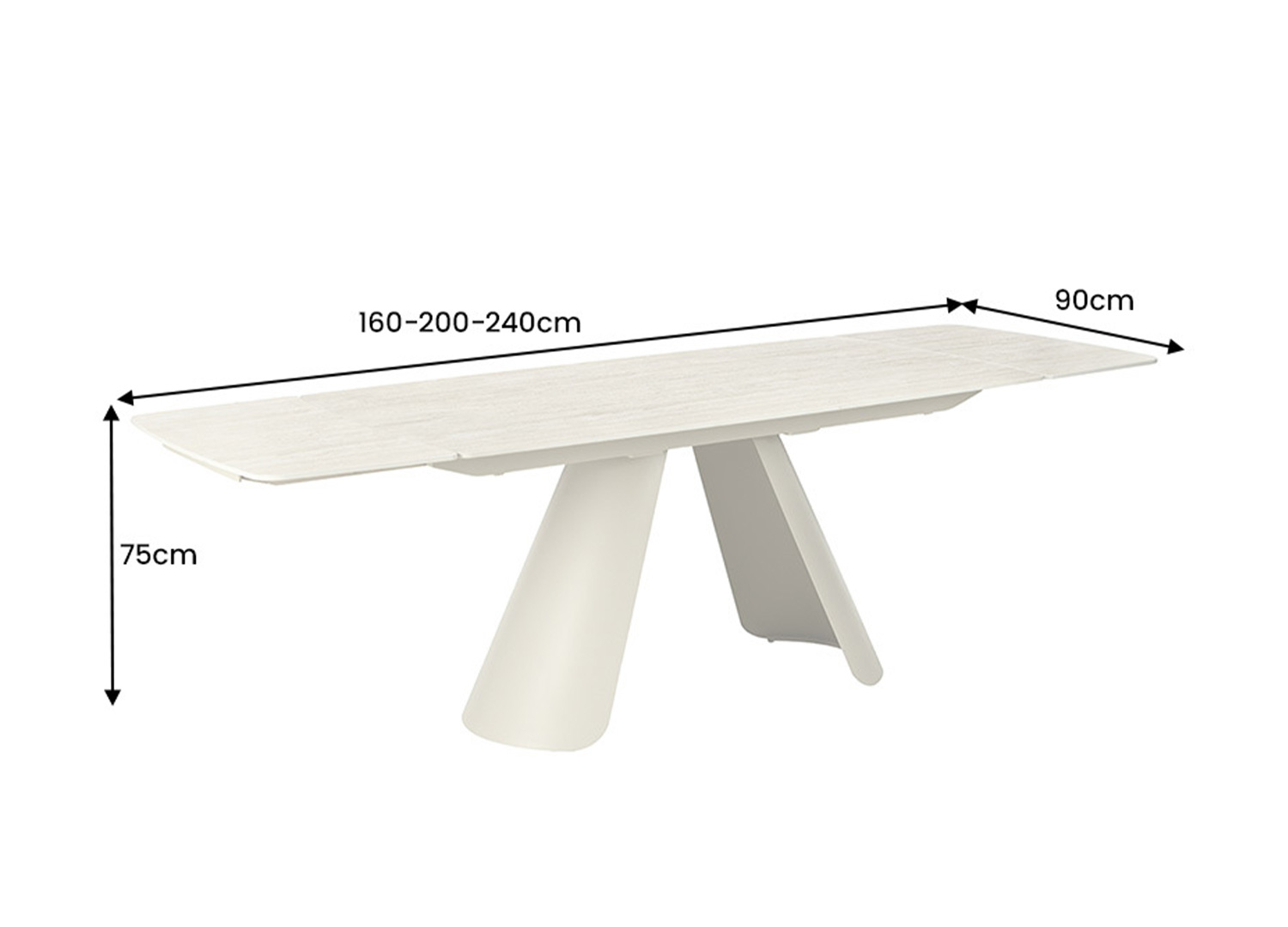 Dimensions de la table à manger extensible ÉLORIA 160, 200 et 240 cm x 90 x 75 cm