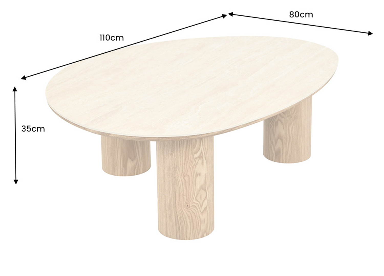 Dimensions de la table basse organique NÉRAYA travertin 110 x 80 x 35 cm