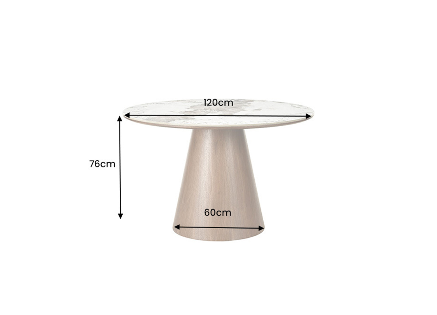 Dimensions de la table ronde ÉLIORA : diamètre 120 cm, hauteur 76 cm et pied de 60 cm
