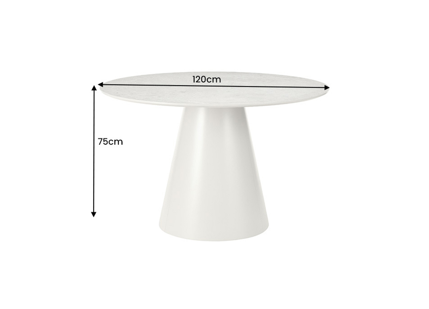Dimensions de la table à manger ronde ÉLORIA 120 cm de diamètre et 75 cm de hauteur