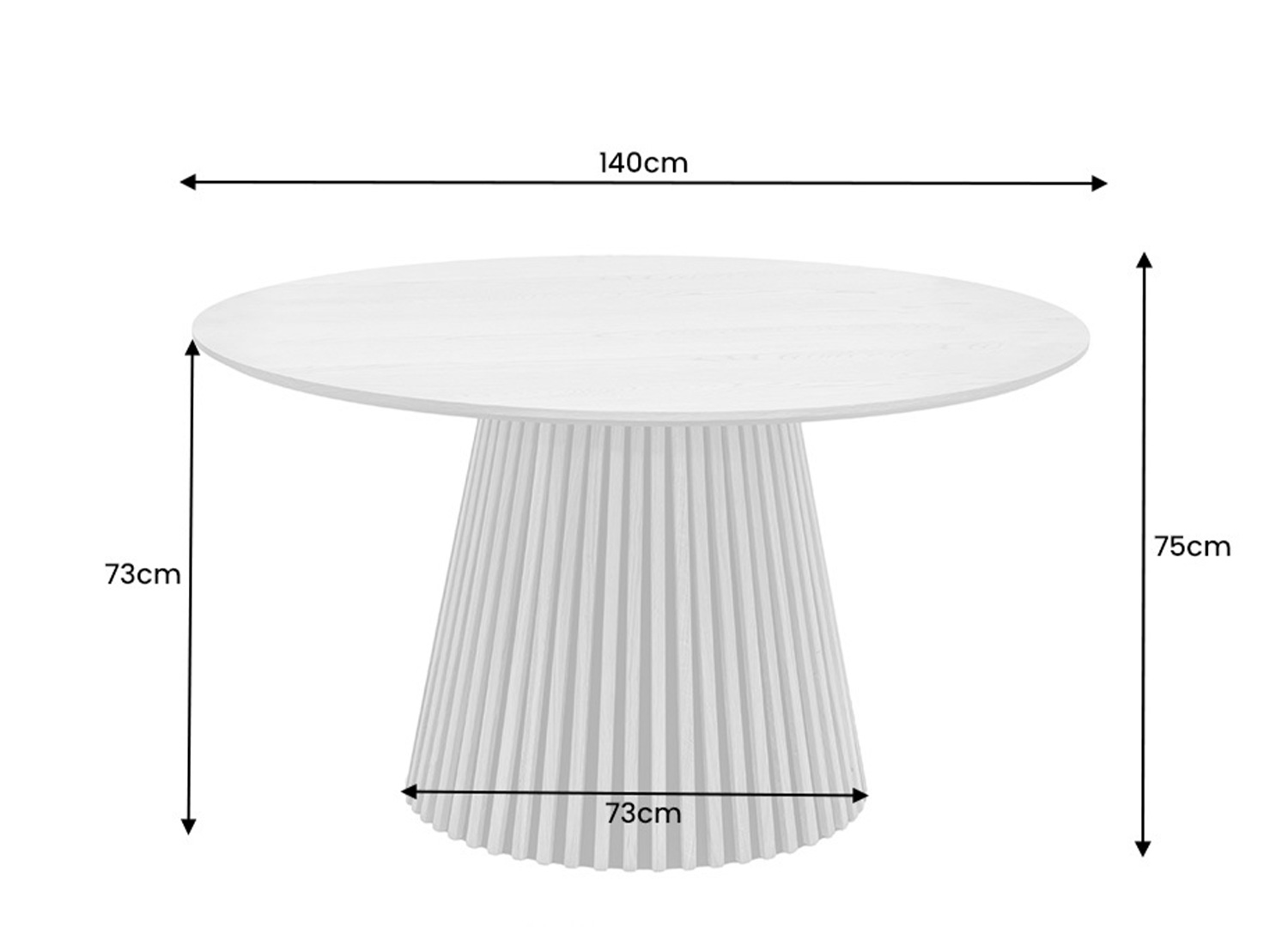 Dimensions de la table ronde VALÉRAN : diamètre 140 cm, hauteur 75 cm et pied central de 73 cm