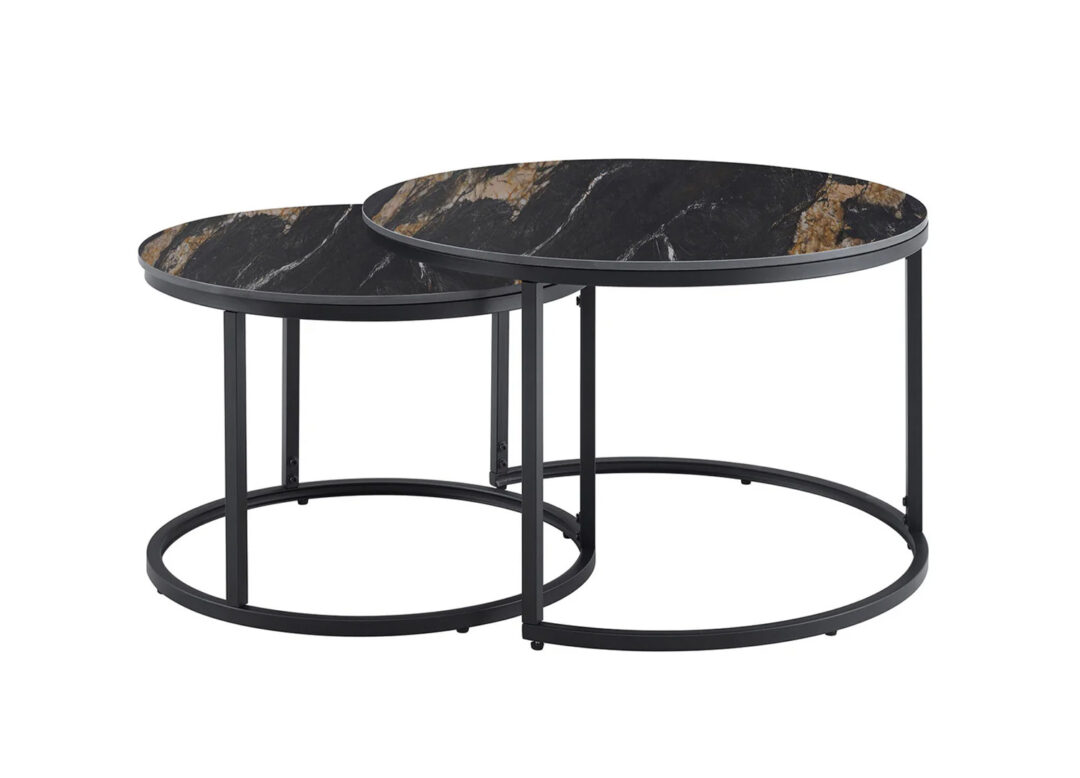 Ensemble de tables basses KAVEN 75 et 60 cm en céramique noir or et sable sur fond blanc