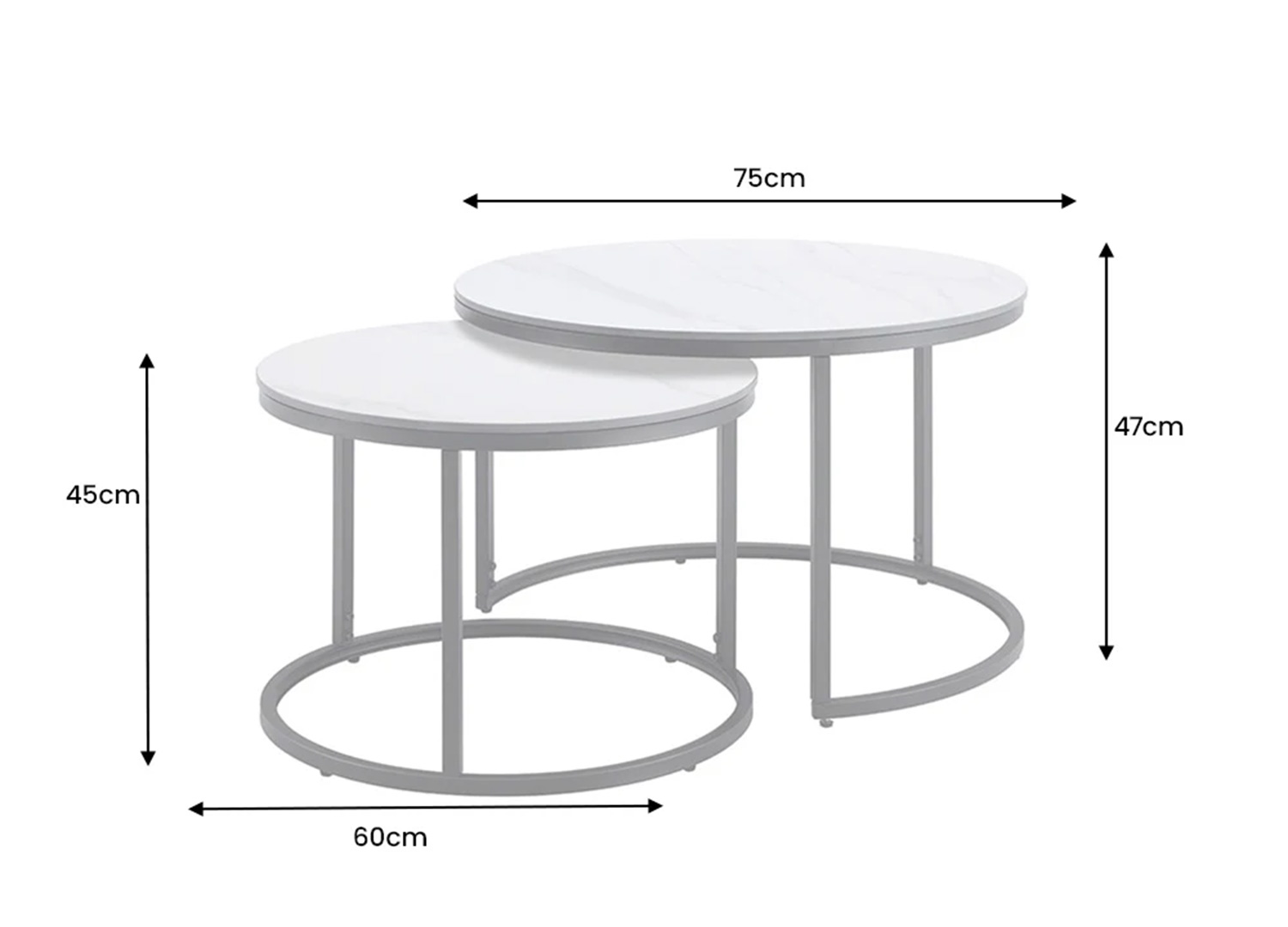 Dimensions de l'ensemble de tables basses KAVEN 75 60 47 et 45 cm