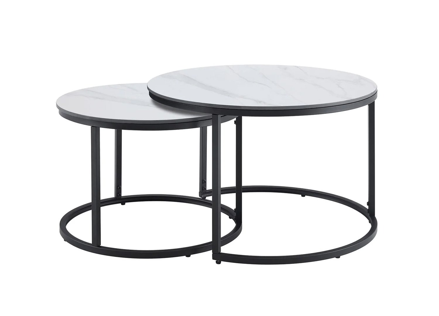 Ensemble de tables basses KAVEN blanc marbré avec plateaux ronds en céramique et structure noire sur fond blanc