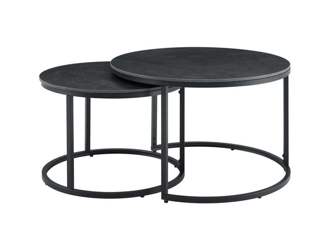 Ensemble de 2 tables basses rondes KAVEN en céramique anthracite avec piètement métal noir sur fond blanc