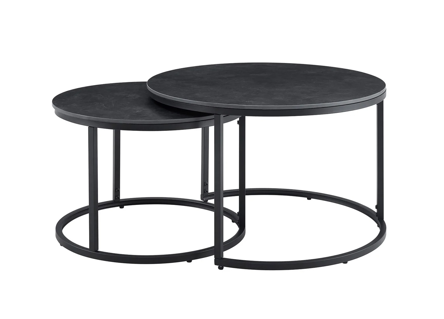 Ensemble de 2 tables basses rondes KAVEN en céramique anthracite avec piètement métal noir sur fond blanc